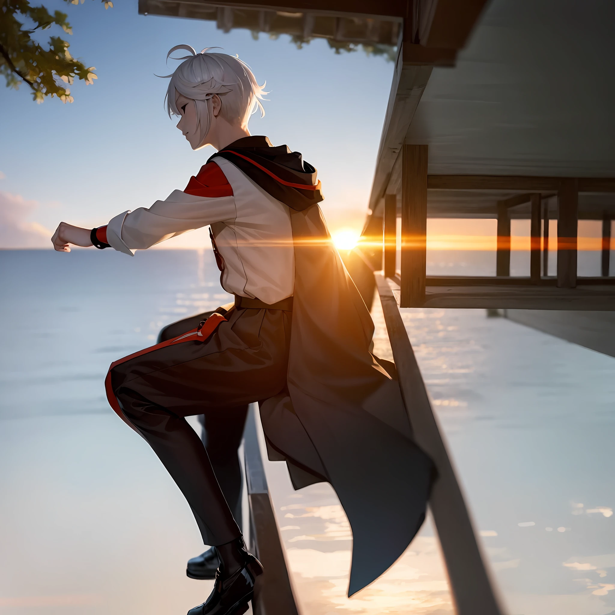 Anime style,The boy with white hair,maple trees,the setting sun,The sunset is full,look up to