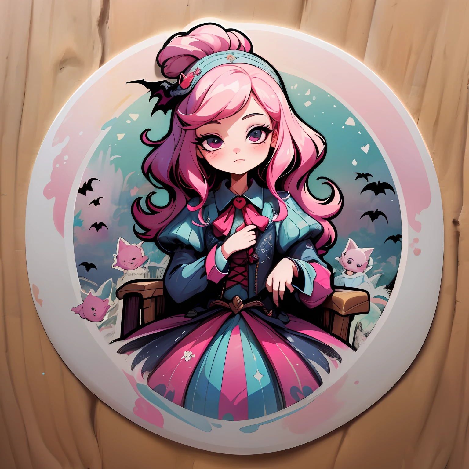 1sticker，Handbook，（a sticker，1girll，Vampire Queen，A pink-haired，Gorgeous European medieval dress，the bats，thrones，borgar）， aquarelle，white backgrounid， simple backgound， dk， adolable， small， pastel colour， vectorstyle， no gradien