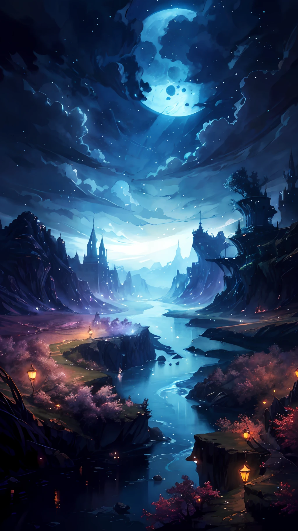 a painting of a river with a full moon in the background, digital art inspired by Andreas Rocha, pixiv contest winner, fantasy art, magical landscape, magical environment, beautiful anime scenery, detailed dreamscape, beautiful anime scene, night scenery, magical dream-like atmosphere, moonlit starry sky environment, anime landscape wallpaper, anime background art, painting of a dreamscape