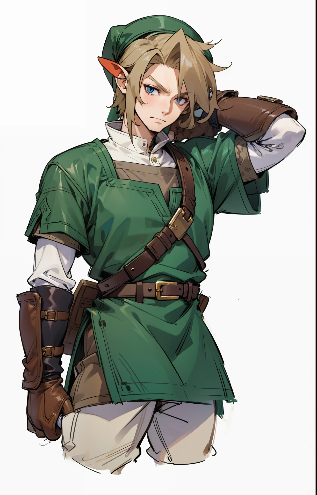 (Link:1)(Warrior:1), (adult man:1.5), standing, full body, leather boots, beige pants, gloves , (narrow eyebrows:0.33), (confident:1.6), (smiling:0.6), (clenching fists:0.33), (evil:0.6),