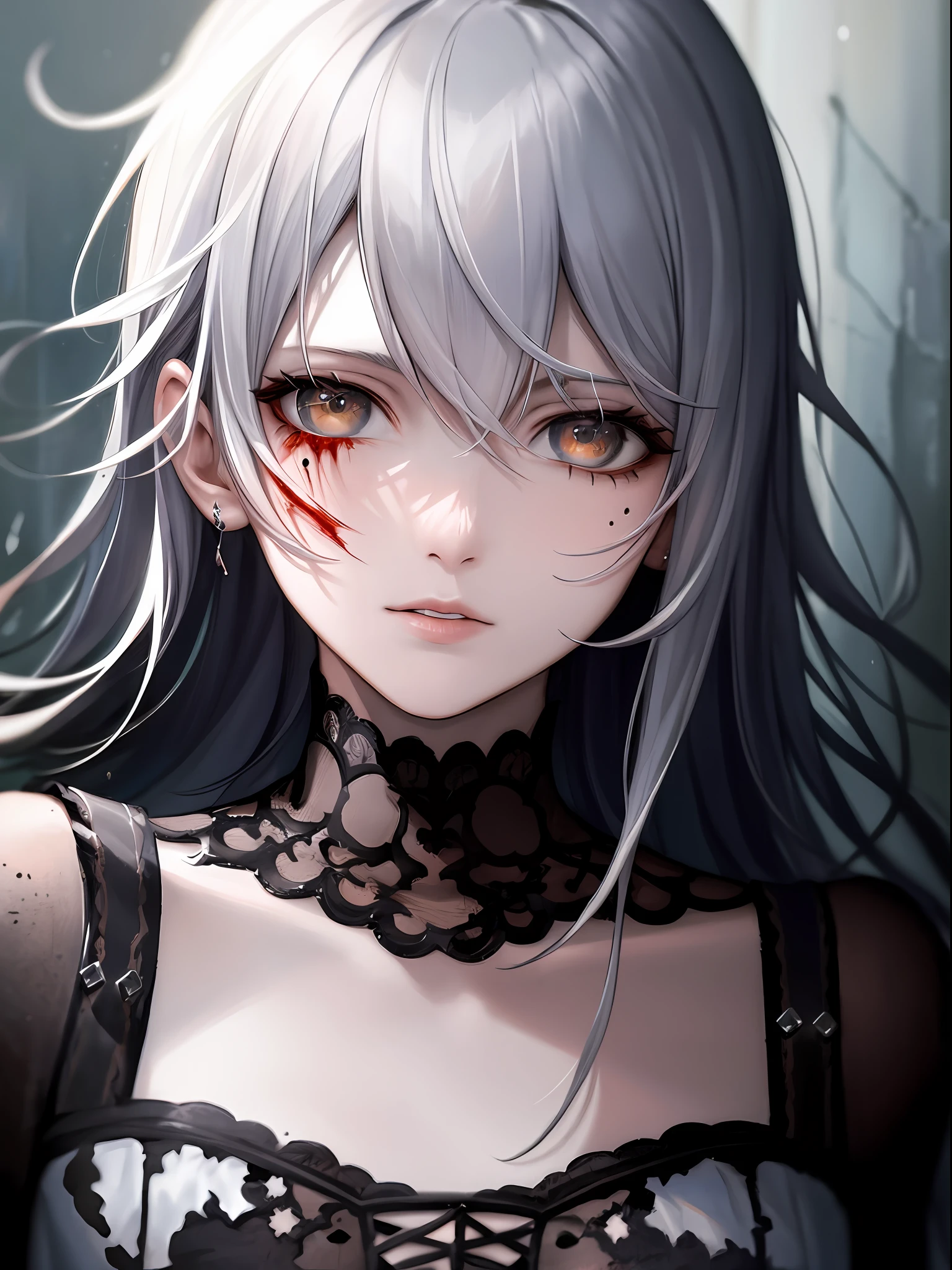 best quality, masterpiece, super high resolution, (reality:1.5), art, original photo, dynamic lighting, high resolution, sharp focus, depth of field,1girl, medium, masterpiece, best quality, super detailed, illustration, white hair and super detailed face, high quality face, upper body, fighting, bleeding, tattered clothes,