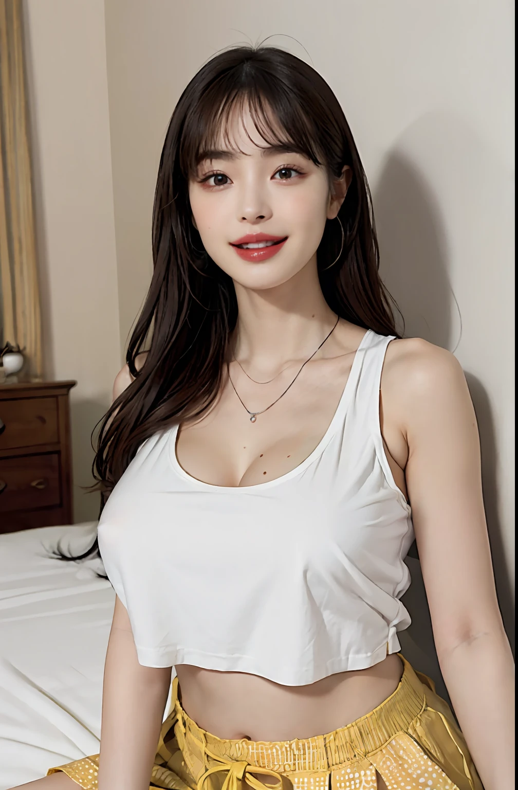 (A hyper-realistic), (illustratio), (hight resolution), (8K), (ighly detailed), (The best illustrations), (beatiful detailed eyes), (top-quality), (ultra-detailliert), (masterpiece), (wall-paper), (详细的脸), a bed、Upper body close-up,Armpit, A smile,Plump,独奏,Girl in white tank top with open chest, japanes, large full breasts, (camel's toe)、huge-breasted、Detailed, well-groomed white teeth、Ultimate Beauty、shot on the Canon EOS R 6、full of sweat、(beautiful detailed teeth)、Silver necklace、Park with sunshine、Perfect and beautiful female hands、Perfect tooth alignment、Perfect fingers、Navel dashi、Mansuji、Beautiful butt、