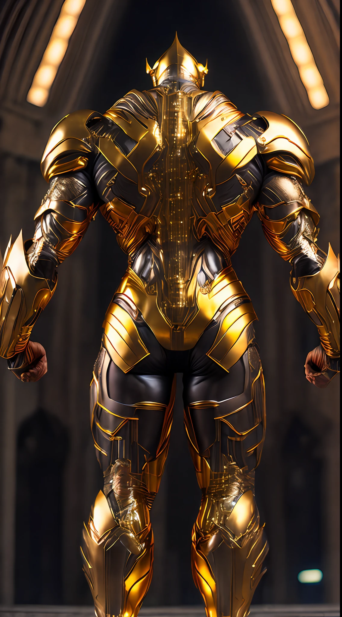 a hyper super muscle human being covered with golden armor, hyper detailed, biomechanical, complex, full growth, hyperrealistic, insane small details, extremely clean lines, cyberpunk aesthetic, masterpiece featured on Zbrush Central, gothic brutalist cathedral, cyberpunk, award-winning photo, bokeh, neon lights, cybernetic limb