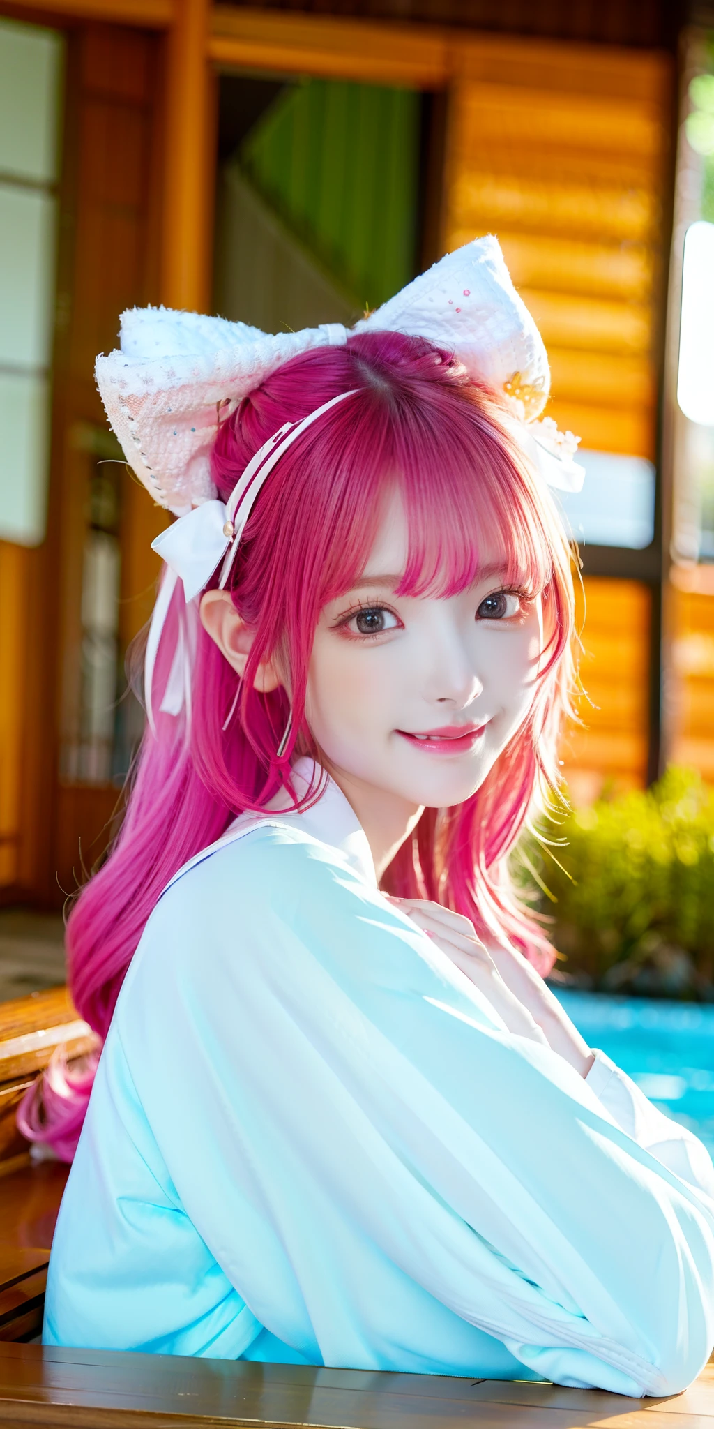 (8k, 4k, best quality, highres:1.2), (maasterpiece, realistic, photo realistic:1.37), 1girl, solo, beautiful face, eyelashes, nose, glossy lips, (detailed eyes, looking at viewer, fair skin, white skin:1.5), fine complexion, upper body,
large breasts, busty,,,
outdoor onsen,
two side up, absurdly long hair, blonde hair, pink hair, bangs, hair ornament, bow,
younger, aged down,