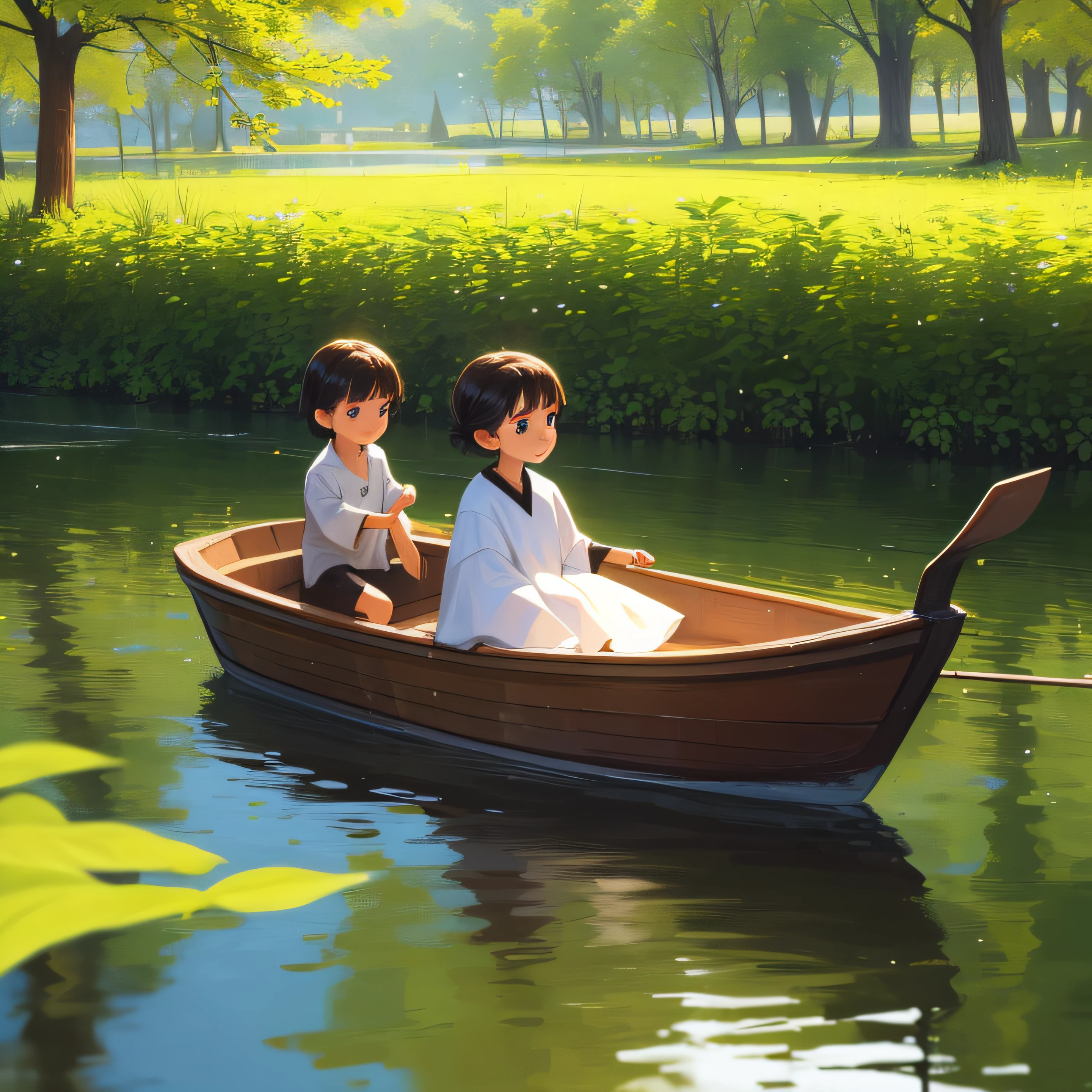 Little girl drifting in a small boat in a lake with many pits in the roots and leaves of trees --auto