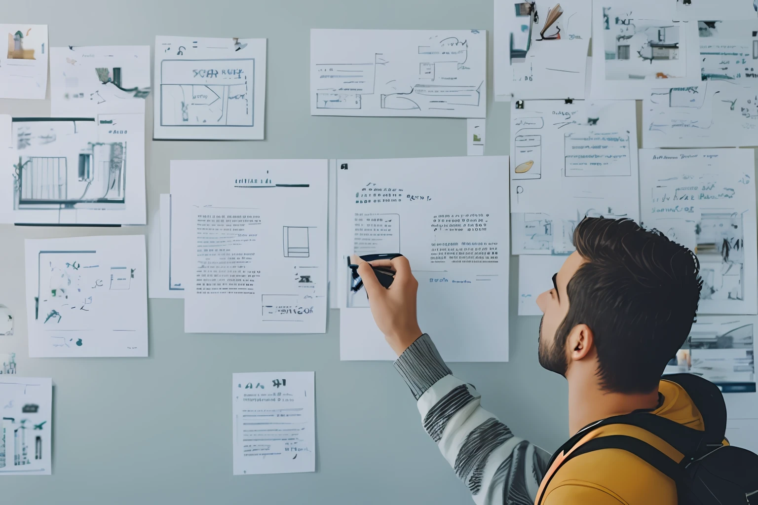 Arafed man looking at a wall of papers with drawings on it, Design Thinking, fundo interessante, looking across the shoulder, Foto de Stock, pexels, Contemplando, altamente focado, retratado dos ombros para cima, 🦑 design, Design centrado, olhando do ombro, trending on unsplash, trending on pexels, visually pleasing, trending on, Wireframes