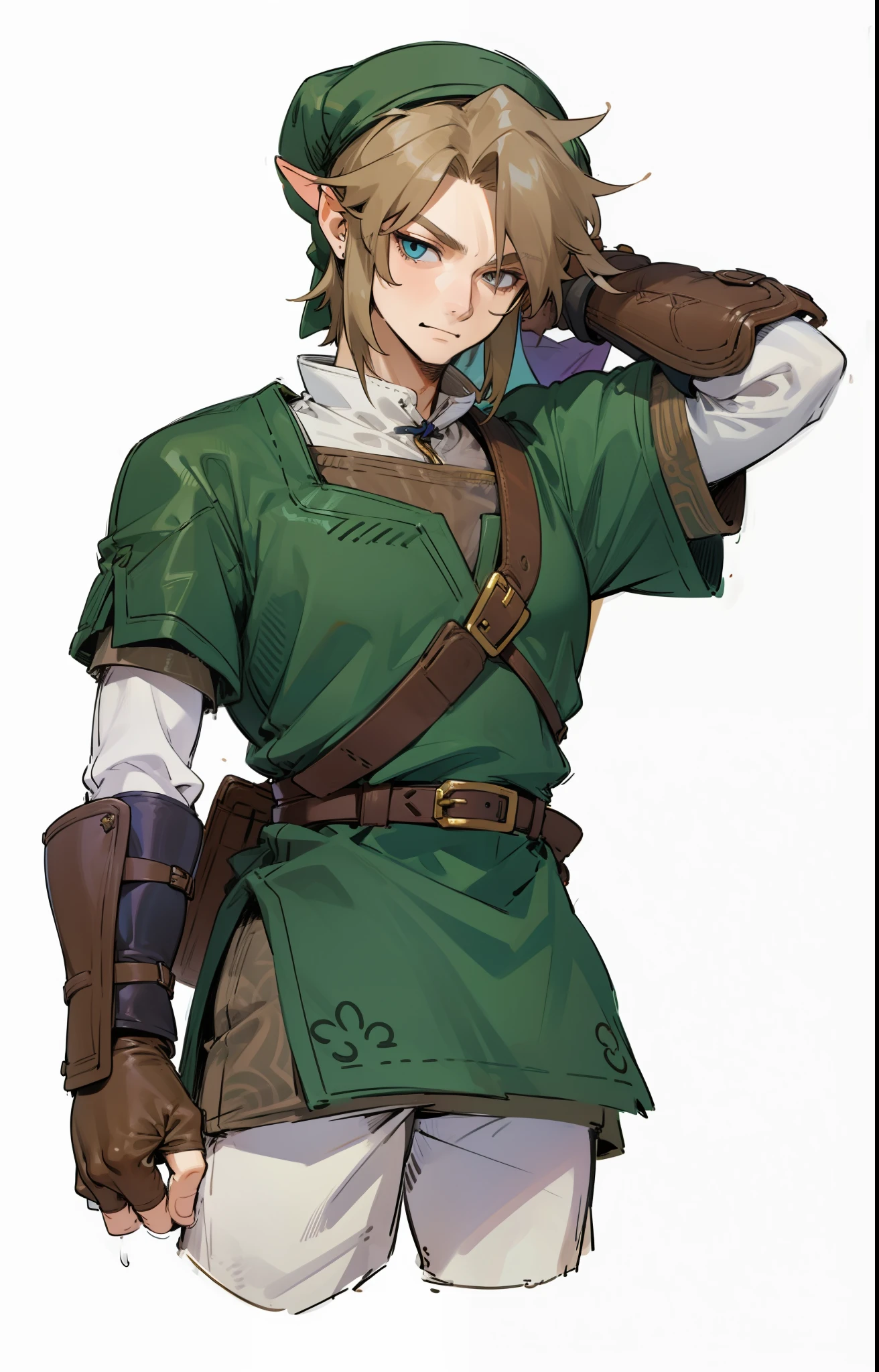 (Link:1)(Warrior:1), (adult man:1.5), standing, full body, leather boots, beige pants, gloves , (narrow eyebrows:0.33), (confident:1.6), (smiling:0.6), (clenching fists:0.33), (evil:0.6),