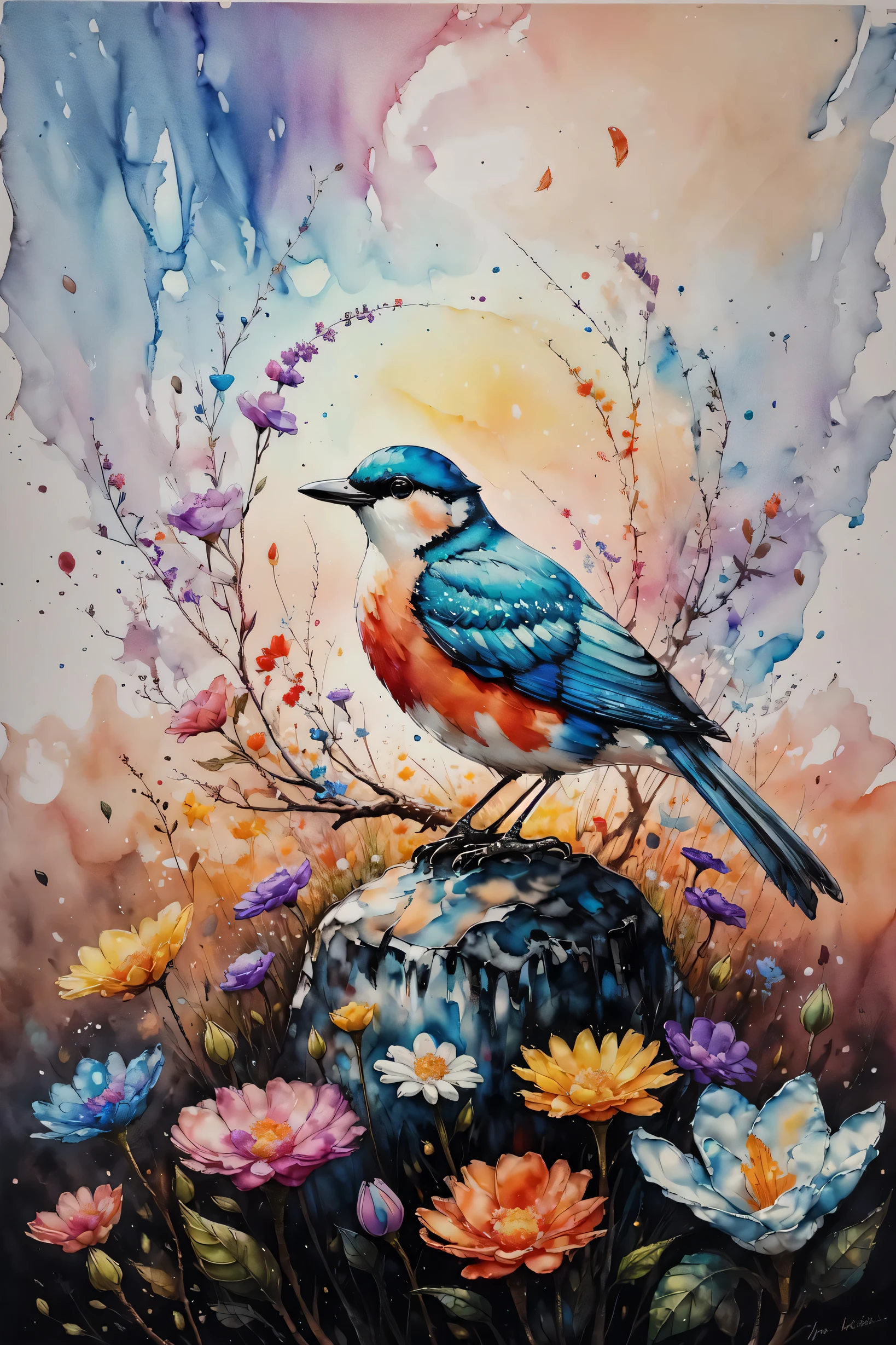 bird, sunrise, flower field, Alcohol ink and impasto mix painting,  explosion, 
yang08k,  beautiful,  colorful,
masterpieces, top quality, best quality, official art, beautiful and aesthetic,