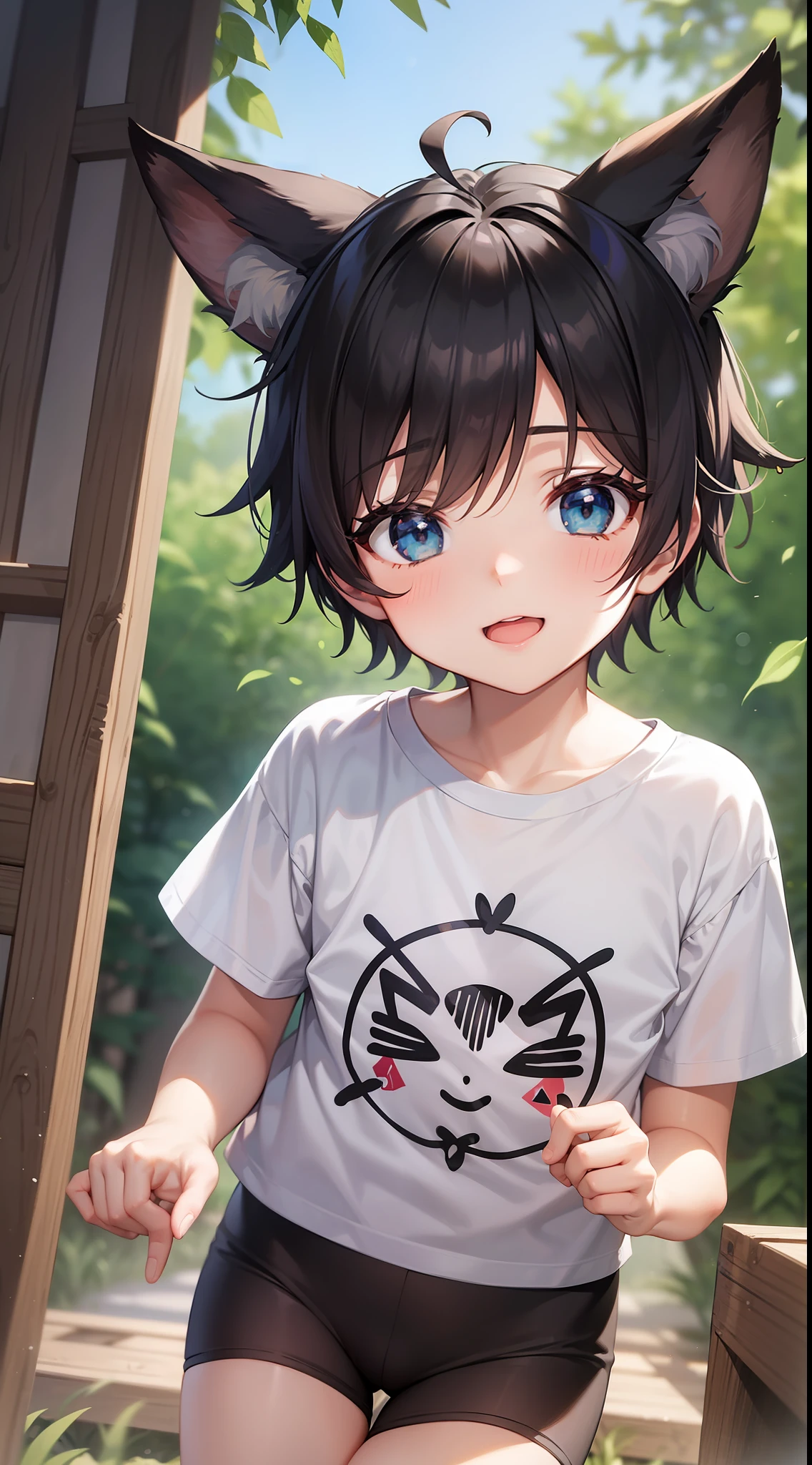 , short black hair, Fox ears, Foxtail, blue eyes, ssmile, tshirt, briefs, Jumps, Masterpiece, hiquality