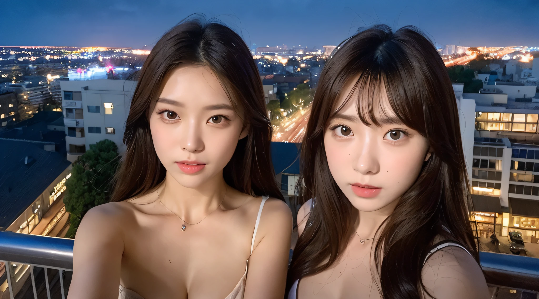 ((Best quality, 8k, Masterpiece: 1.3)), Selfie, Sharp focus: 1.2, Cute beautiful woman with perfect body: 1.4, Slim big breasts: 1.2, ((Brown hair dark, Big breasts: 1.2)) , (small transparent dress, half naked, highly detailed breasts, Happy expression, Standing: 1.2), ((Night view of the city with rain, Balcony simple: 1.3 making with the female being the main focus)), Highly detailed face and skin texture, Detailed eyes, Double eyelid