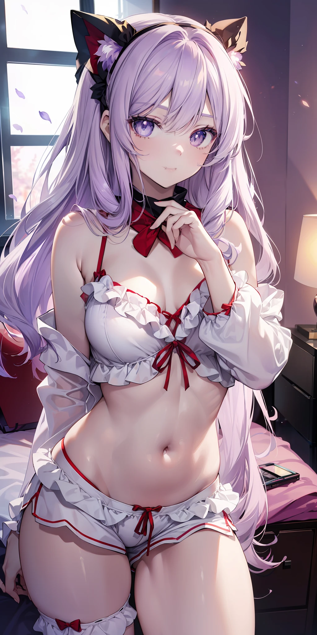 ((masterpiece)), ((best quality)), ((anime profile style)), ((HD 4k)), ((female anime character)), ((Rin Tohsaka character)), (( pale skin)), ((Beautiful body)), girl, female face, Happy, ((white mask on mouth)), ((Light lilac eyes)), Eyelid, Pupil, Sclera, Iris, eyebrow, eyelashes, ear of fox, nose, ((giant lilac hair)), ((fringe)), ((hair details)), ((light effects on hair)), ((doll Pajamas Women's Sleepwear With Straps With Shorts - Red)), ((lights effect on clothes)), ((body lights effect)), neck, Shoulders, (thin waist), ((perfect belly)), arms, ((thick legs)), ( (big thigh)), ((background scenery)), ((in bedroom)), ((bed, window, TV, wardrobe, chest of drawers, rug)), ((lighting)), viewer view