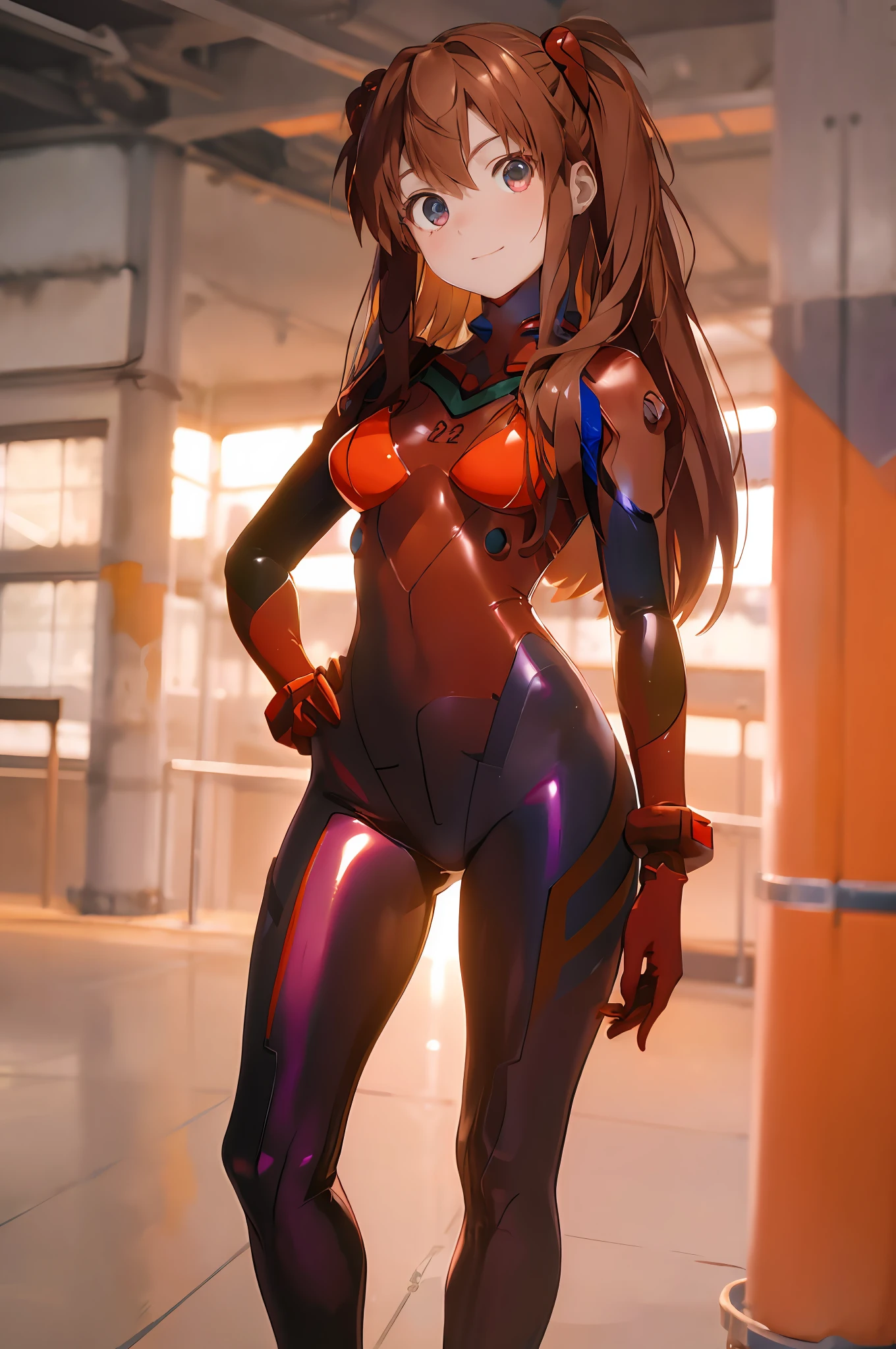 （best qualtiy，masterpiece1.2），（Detailed eyes：1.2），Complicated details，depth of fields，1girll，standing on your feet，souryuu asuka langley，Test the plugin，ssmile，Be red in the face，Look at the camera，Stand on the mech