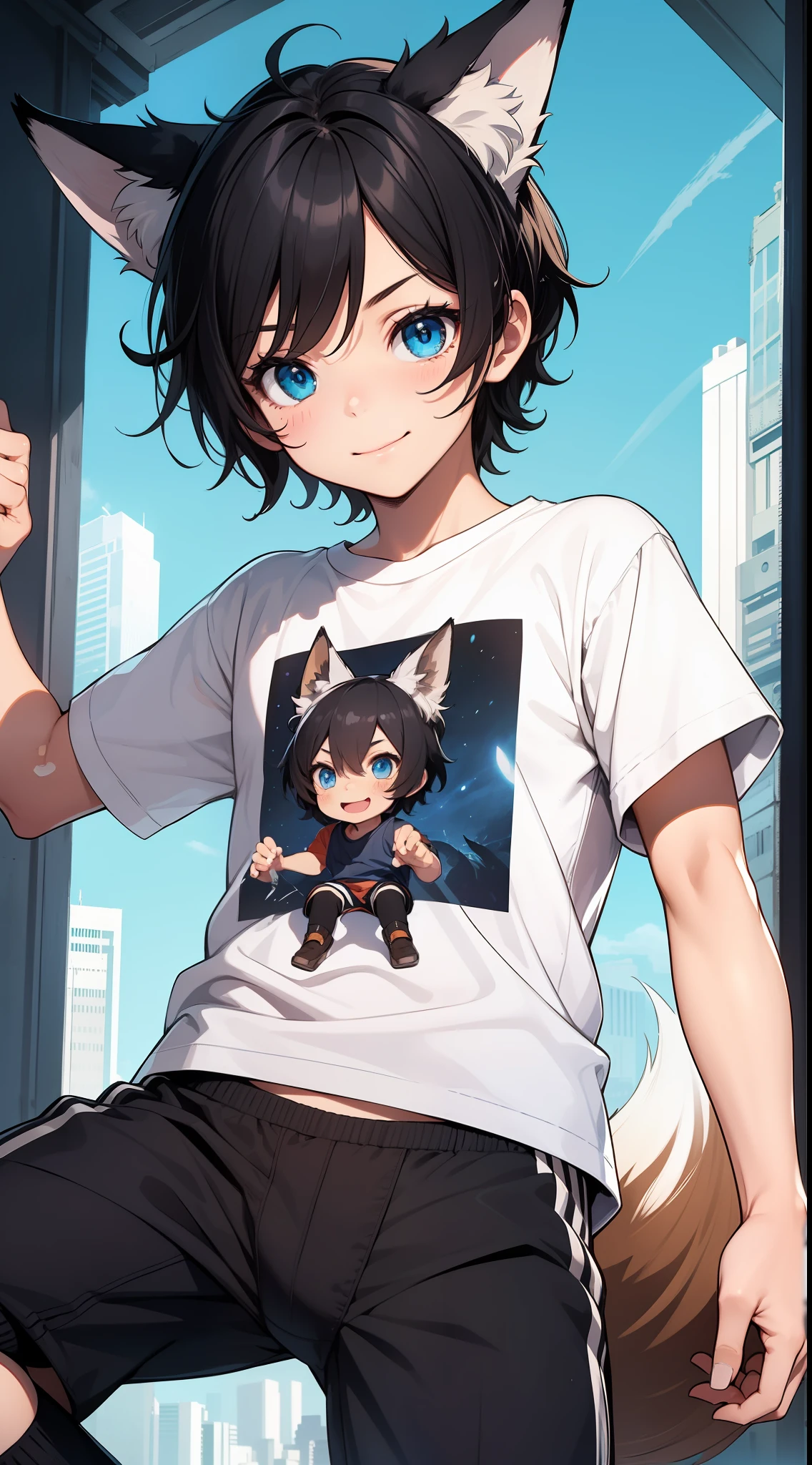 , short black hair, Fox ears, Foxtail, blue eyes, ssmile, tshirt, briefs, Jumps, Masterpiece, hiquality