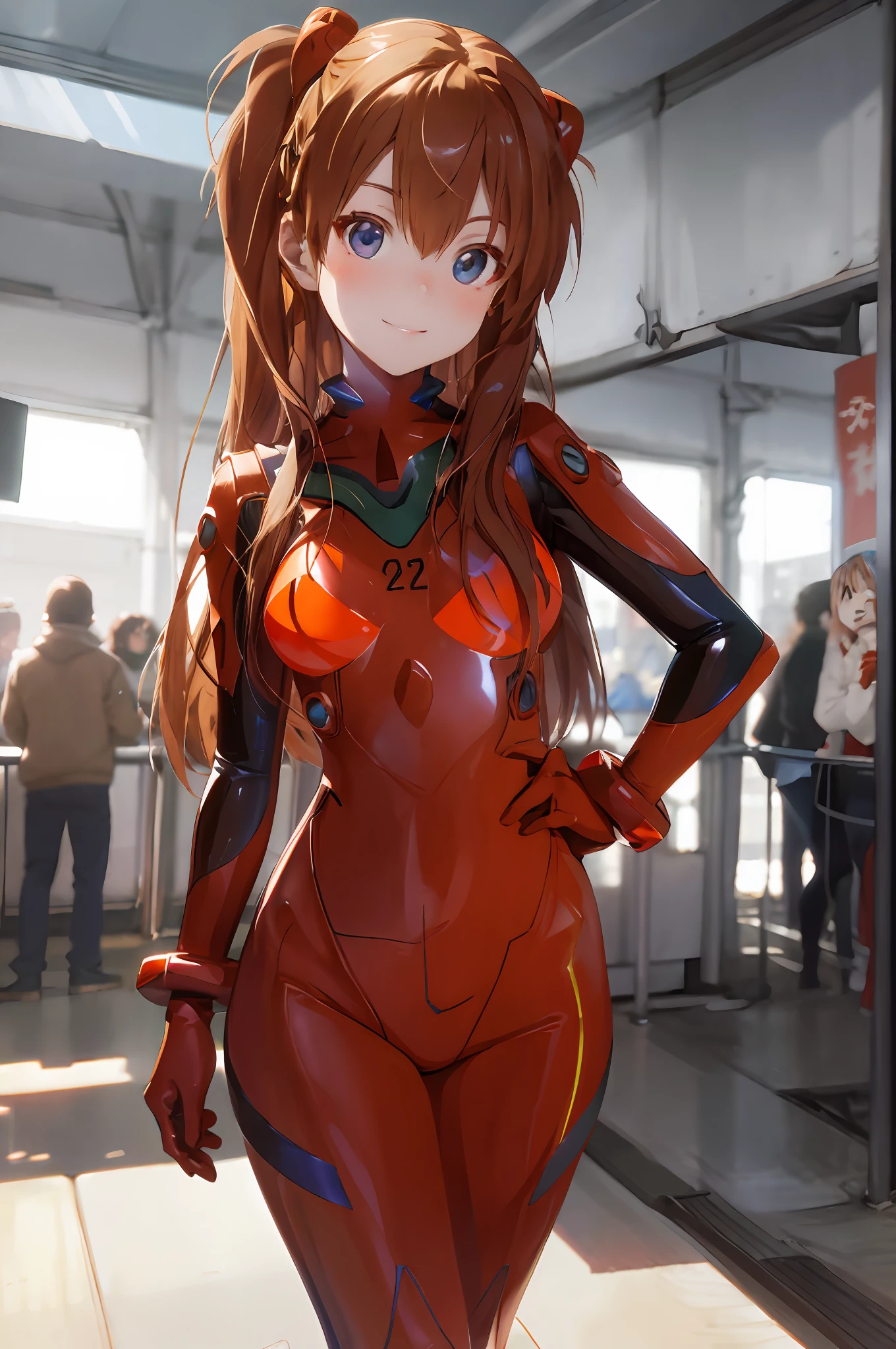 （best qualtiy，masterpiece1.2），（Detailed eyes：1.2），Complicated details，depth of fields，1girll，standing on your feet，souryuu asuka langley，Test the plugin，ssmile，Be red in the face，Look at the camera，Stand on the mech