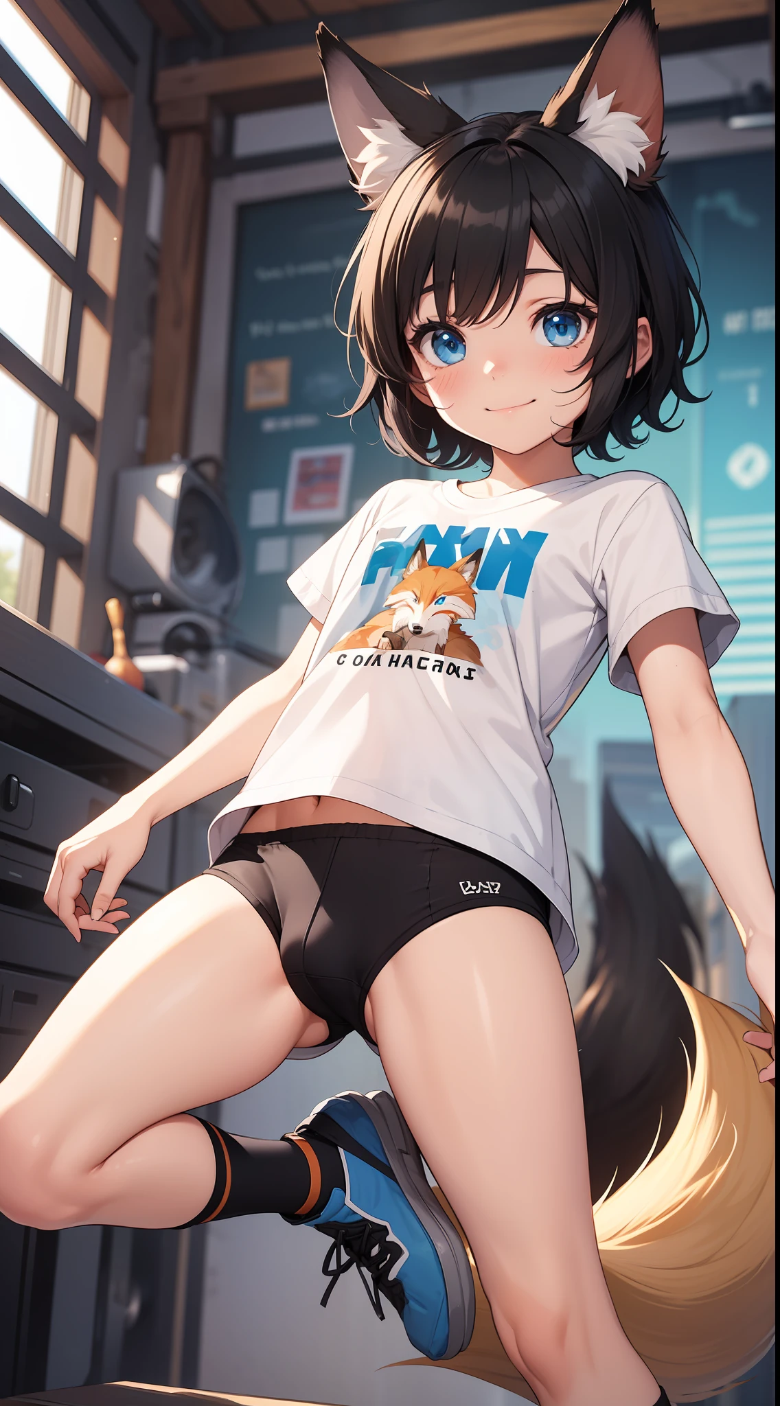 , short black hair, Fox ears, Foxtail, blue eyes, ssmile, tshirt, briefs, Jumps, Masterpiece, hiquality