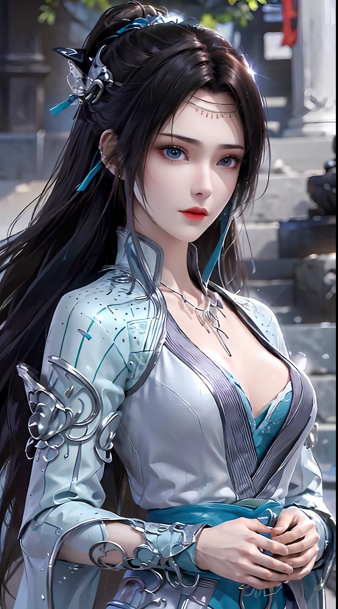 1 hot sexy beautiful girl in blue hanfu silk blouse, blue silk top with white pattern, white lace trim, purple black long ponytail, blue aura on the girl's back, hair jewelry, ear jewelry, necklace and necklace, big blue eyes meticulously made up, thin eyebrows, extremely detailed and sharp eye makeup, high nose, pretty red lips, no smile, pursed lips, rosy cheeks, enlarged breasts, large breasts, well-proportioned breasts, slim waist, blue mesh socks, wide sleeves, (2 straight arms: 1.7), Chinese hanfu style, art motifs fantasy, vivid and true colors, RAW photos, realistic photos, ultra-high quality 8k surreal photos, (wonderful lighting effects: 1.8), 10x pixels, magic effects (background): 1.8) , super detailed eyes, upper body girl, girl portrait, alone girl, hanfu historical background,