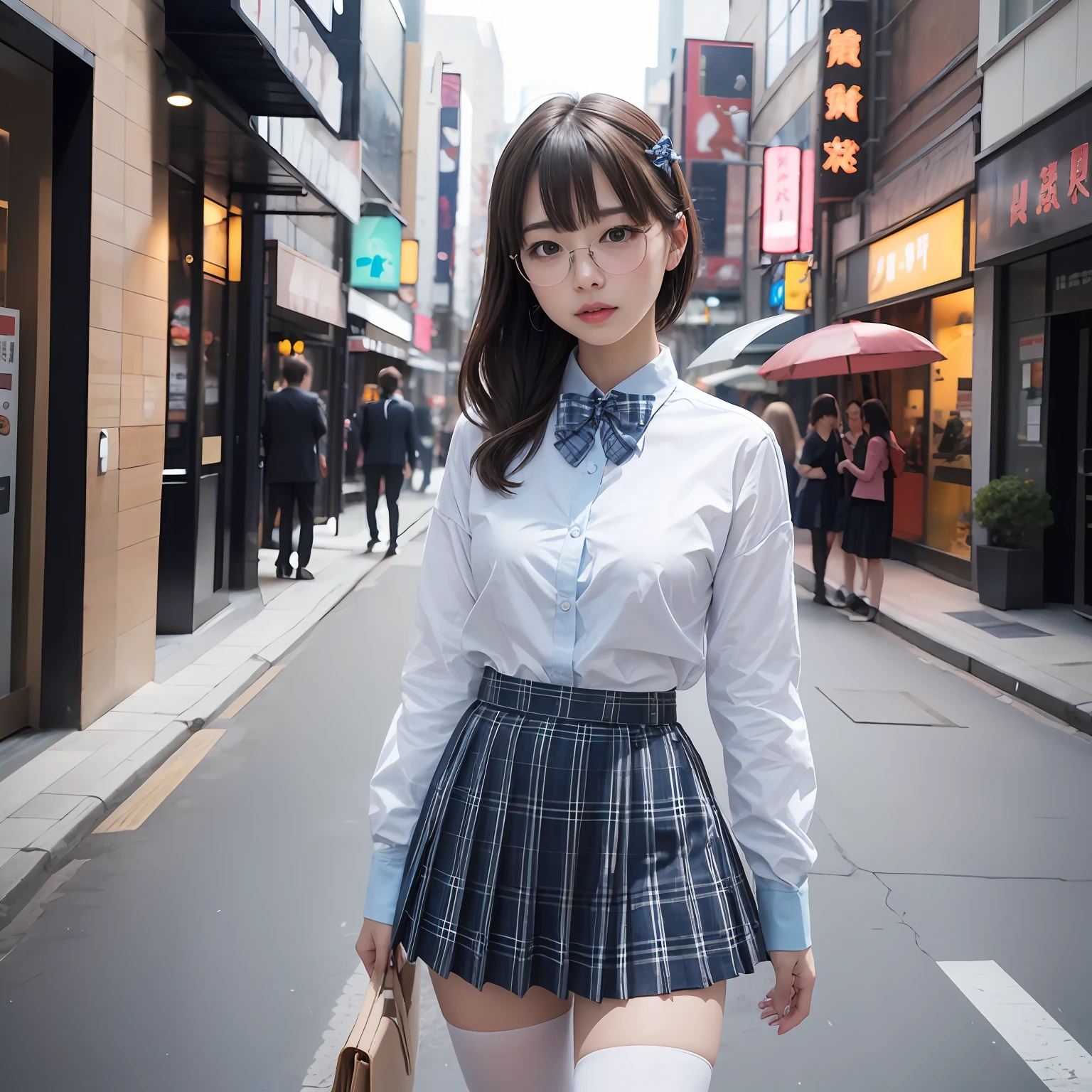 (8K、Raw photography、top-quality、masterpiece:1.2),Parting the bangs from the middle、Forehead visible,(Tight eyes,Bullish,skinny,Rasping,irate,small tits,flat breast)、masterpiece,top-quality、超A high resolution,Raw photo,ren,Beautiful fece,One Person, 独奏,eye glass,,Dark look,Small breasts,fullllbody,Round glasses、cute little、A Japanese Lady,is standing,(Tight eyes,Bullish,skinny,Rasping,irate,small tits,flat breast)、(Photorealsitic:1.37)、Photon mapping,Light blue ribbon,Realistic、Cute little face,Brown-eyed、Black socks、(Red bow tie)、Radio City、Physically Based Rendering、Foreground、depth of fields、Blurry background、a picture,The girls、Body, Long legs, Thin leg, poneyTail,(Bangs are visible), hair, s lips, Blue_The eye, nosesoft, ( Light blue bra and white shirt show through),White shirt, Navy blue and white plaid pleated skirt, Sheer clothing,, Thigh, Black cotton socks,Nogizaka Idol, 女優, Japanese ido