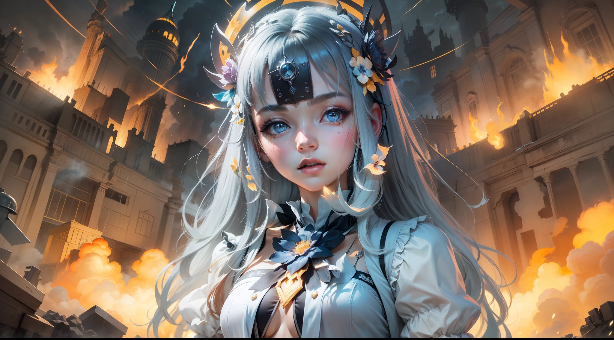 masterpiece, exquisite, illustration, {beautiful and meticulous girl}, beautiful and detailed halo, (fire of war: 1.2), (nuclear explosion behind: 1.3), rain, detailed lighting, detail water, (beautiful and detailed eyes: 1.1), expressionless, palace, sky blue hair, scattered hair, long bangs, eyebrows, (white-gray dress: 1.1), black ribbon, white bow tie, upper abdomen, big forehead, dull, flower, long sleeves