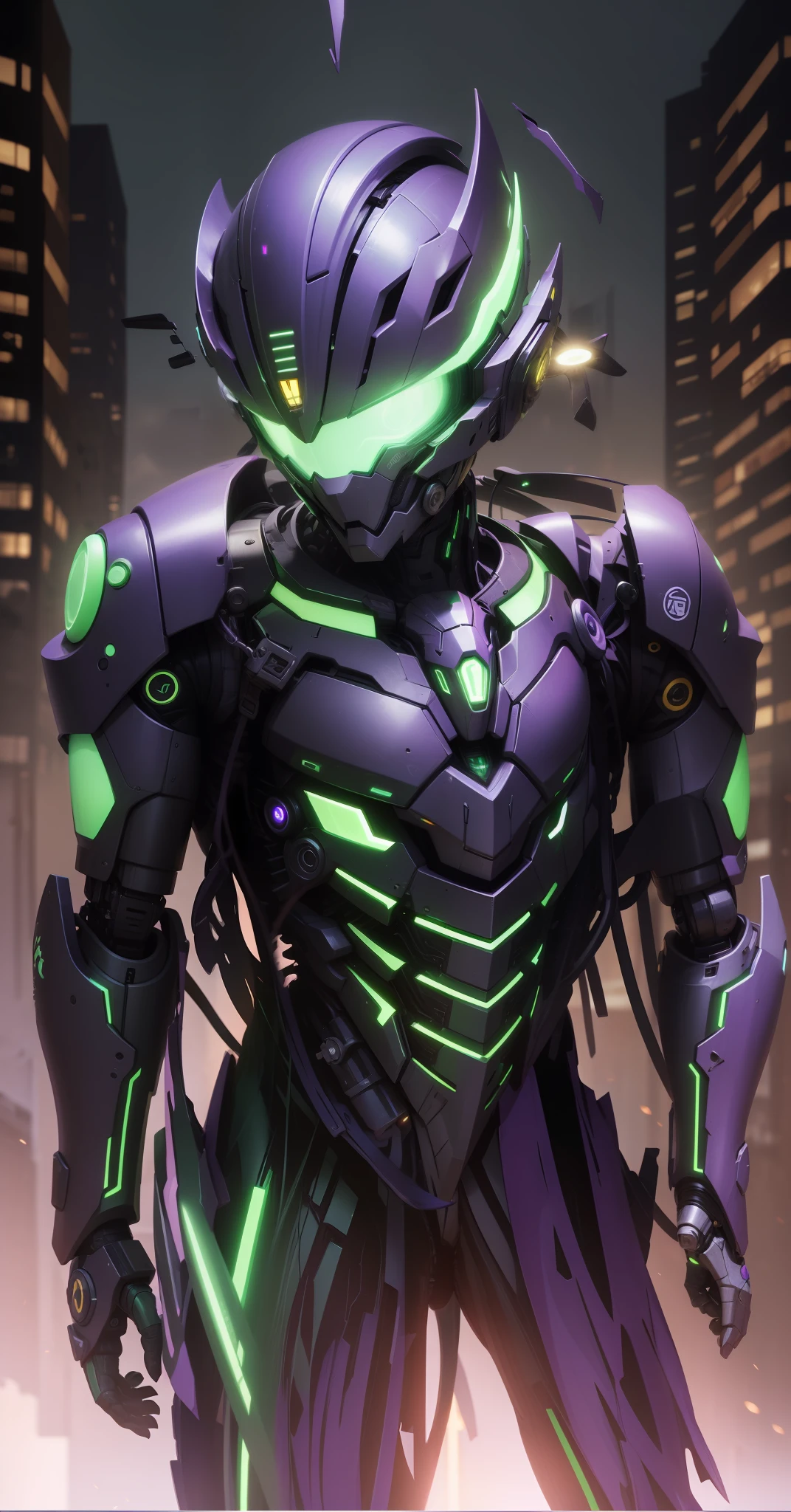 Mechanical head staggered purple and green,glowing light eyes,yellow eyes,hyper-detailing,Highest quality