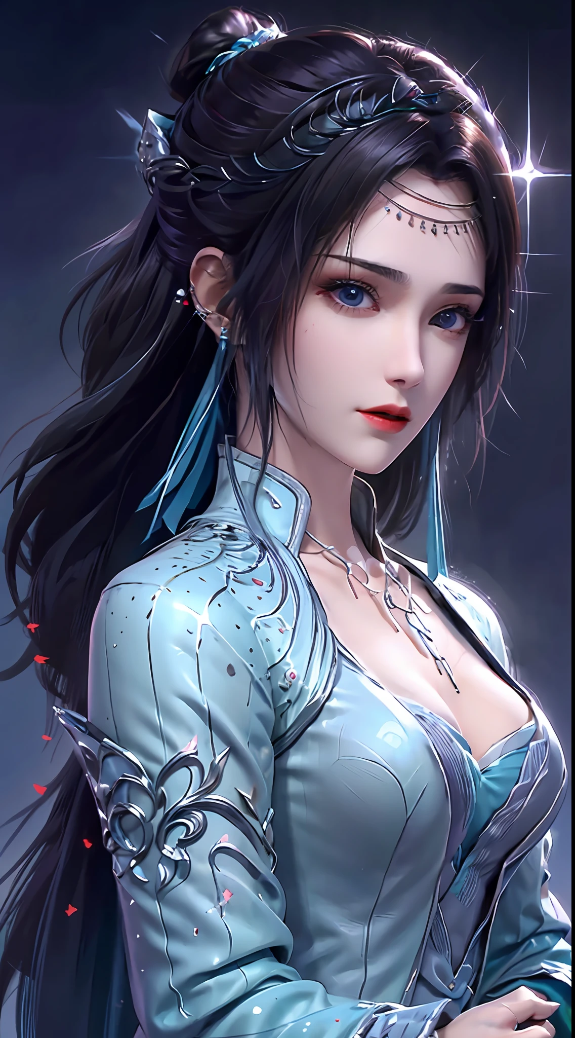 1 hot sexy beautiful girl in blue hanfu silk blouse, blue silk top with white pattern, white lace trim, purple black long ponytail, blue aura on the girl's back, hair jewelry, ear jewelry, necklace and necklace, big blue eyes meticulously made up, thin eyebrows, extremely detailed and sharp eye makeup, high nose, pretty red lips, no smile, pursed lips, rosy cheeks, enlarged breasts, large breasts, well-proportioned breasts, slim waist, blue mesh socks, wide sleeves, (2 straight arms: 1.7), Chinese hanfu style, art motifs fantasy, vivid and true colors, RAW photos, realistic photos, ultra-high quality 8k surreal photos, (wonderful lighting effects: 1.8), 10x pixels, magic effects (background): 1.8) , super detailed eyes, upper body girl, girl portrait, alone girl, hanfu historical background,