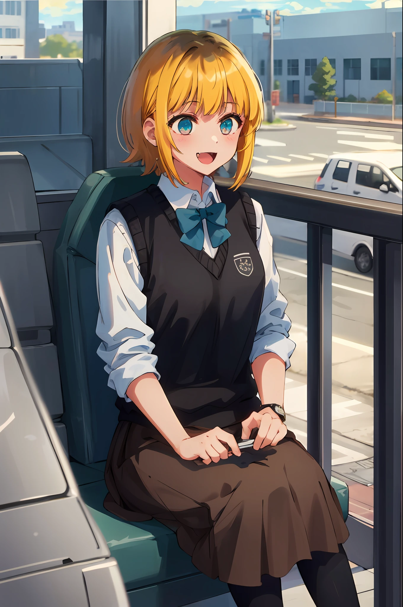 masterpiece, high quality, highres, memcho, 1girl, solo, cowboy shot, outdoors, street, city, sitting, skirt, brown skirt, black vest, sweater vest, black shirt, blue bowtie, (:3), :d, fang
