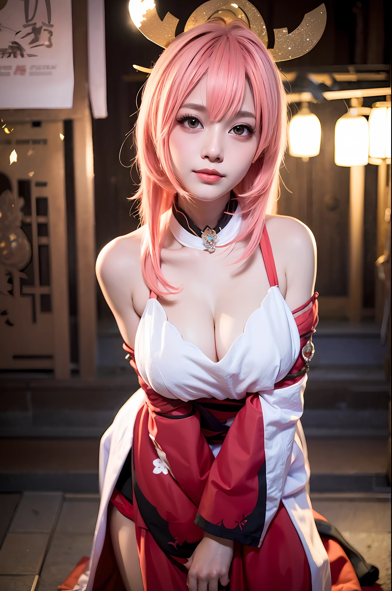 1 Girl (ulzzang-6500:0.725) KPOP Idol Yaemiko Undressed Shoulders Pink Hair Long Hair Best Quality (Photorealistic: 1.2) (Hair Ornament: 1.35) Big Torii Sakura Lantern Light Depth of Field Detail Face Face Focus (Viewer POV: 1.25), Glossy Skin, Long Sleeves, Smile, Thick Lips, Game CG, Thighs, Both Hands, East Asian Architecture, Blurred Background, full body, hind arms,