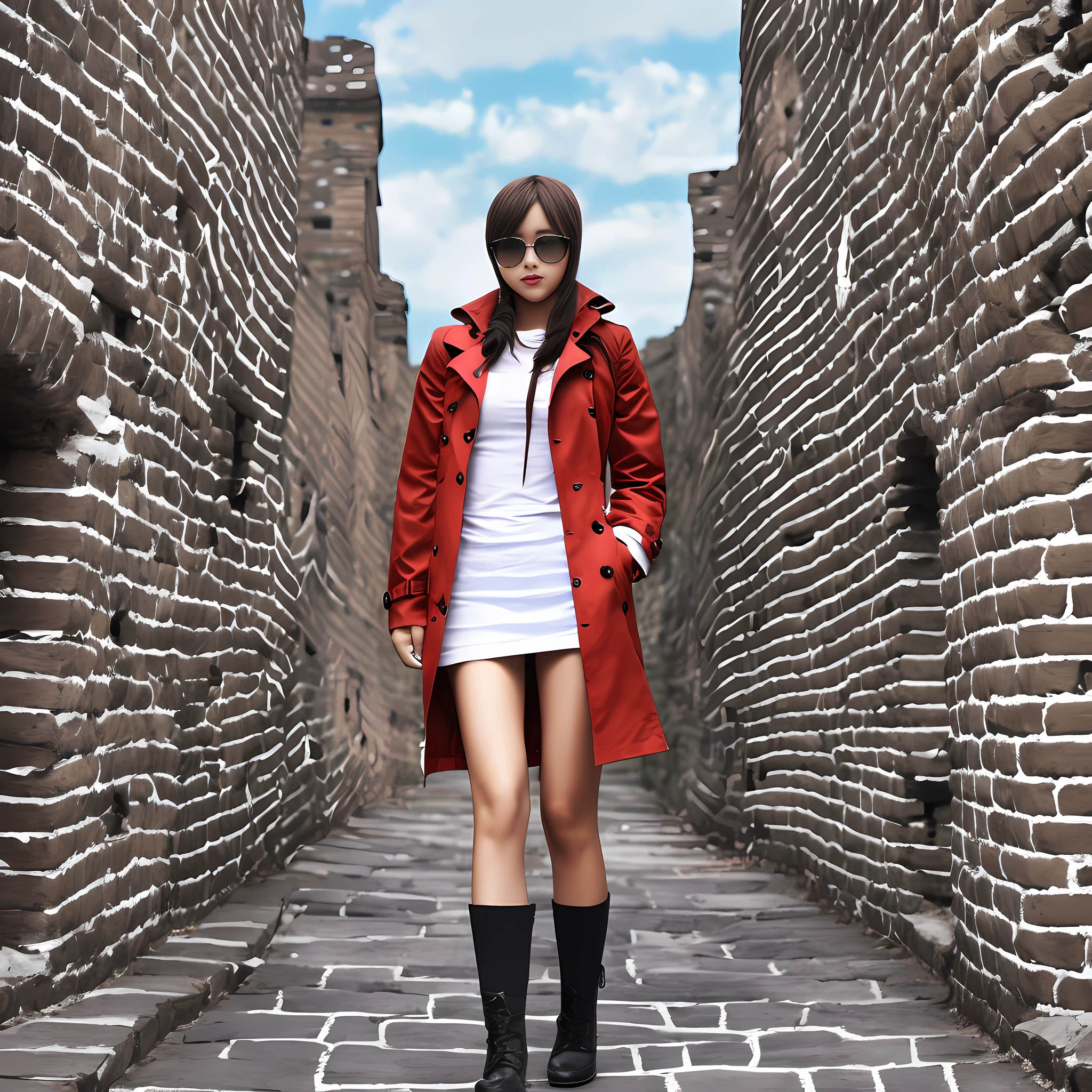 best qualtiy，8K，SLR effect，1girll，15year old，perfect bodies，location: the great wall，Full body photo，CG effect，Anime goddess，Red trench coat，White sweatshirt，cabelos preto e longos， --auto