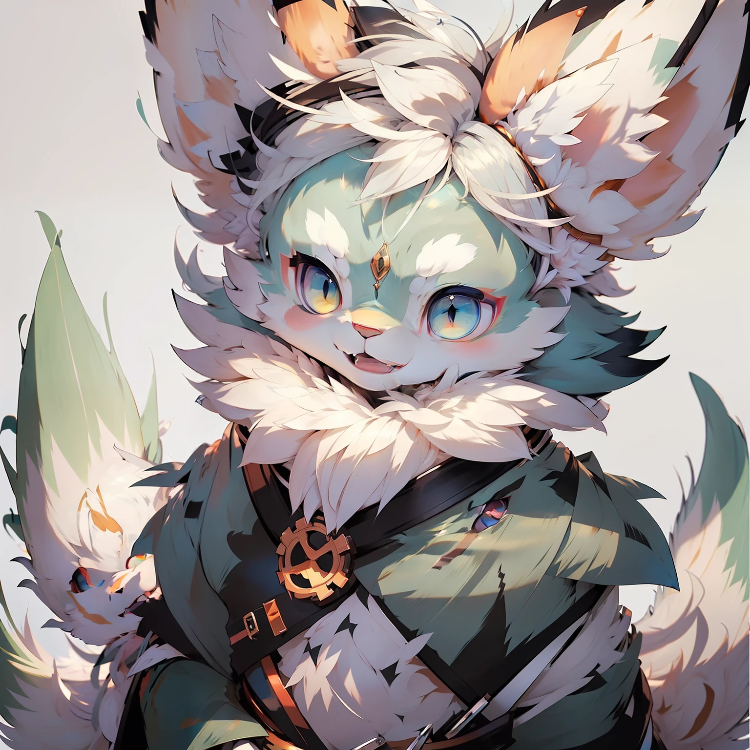 (tmasterpiece、best qualtiy、ultra - detailed) Comic book style fox boy，(Body hair tufts、blueneyes、shaggy:1.5、Colored silver hair:1.2、Highlighter blush) Look forward with a smile，(Pink nose、Animal ears are hairy、Drag the tail and open your mouth) hyper cute face，The furry fur is full of ultra-detailed details and perfect lighting，(depth of fields：1.2：3) Enfim，Niji's eyes were full of light，condescending，More special than others，Super sharp focus and bright lines，Manhwa Style。