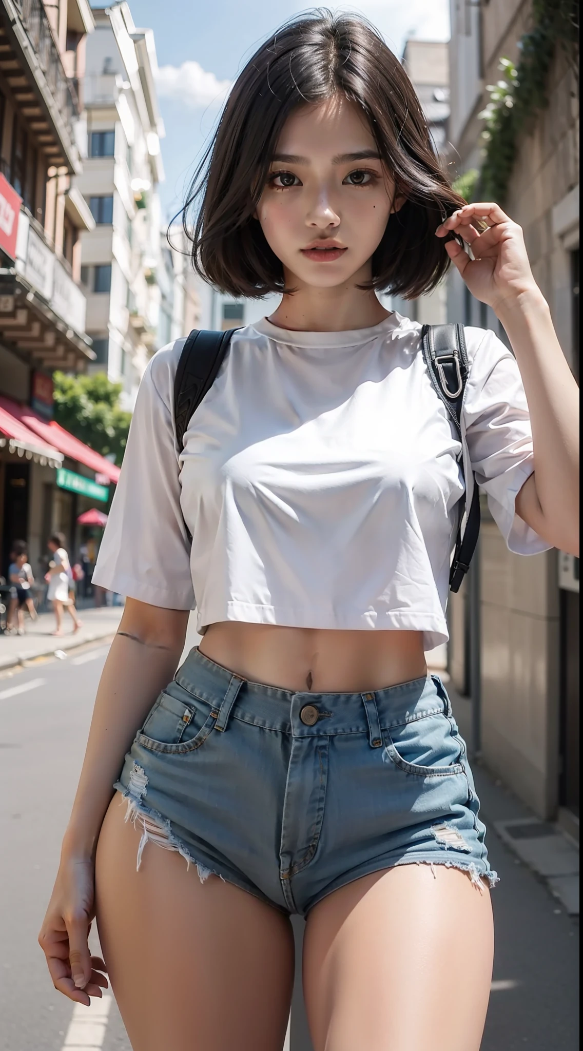Beautiful young asian girl, melhor qualidade, Ultra High Res, (fotorrealista: 1.4), Outono, Rua, sneaker, camisa para baixo, ombros nus, Calcinha, Corpo perfeito, Seios pequenos,, (Cabelos longos grisalhos:1), ((Olhos inchados)), Feliz, Nu, Corpo Inteiro