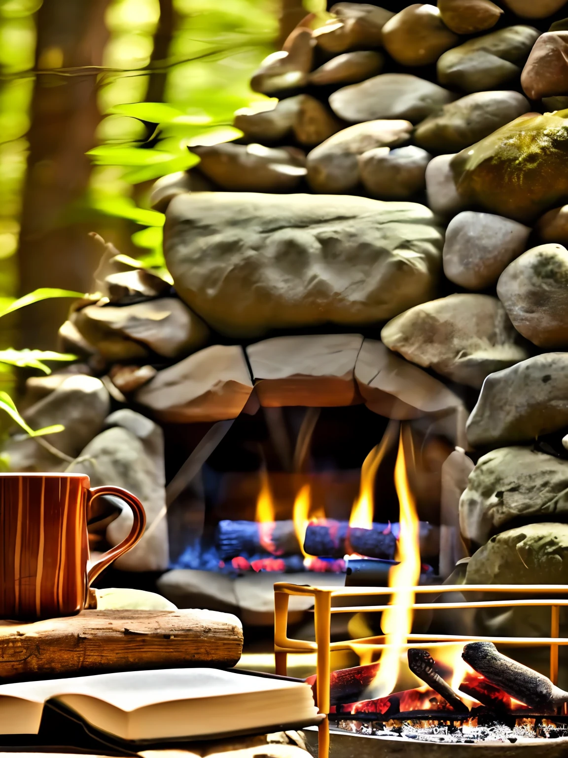(A cozy cabin in the midst of nature), (lush spring foliage:1.2), (warm light and a crackling fireplace:1.3), (coffee and a well-loved book:1.1), (surrounded by peaceful silence except for the sweet sounds of birdsong)