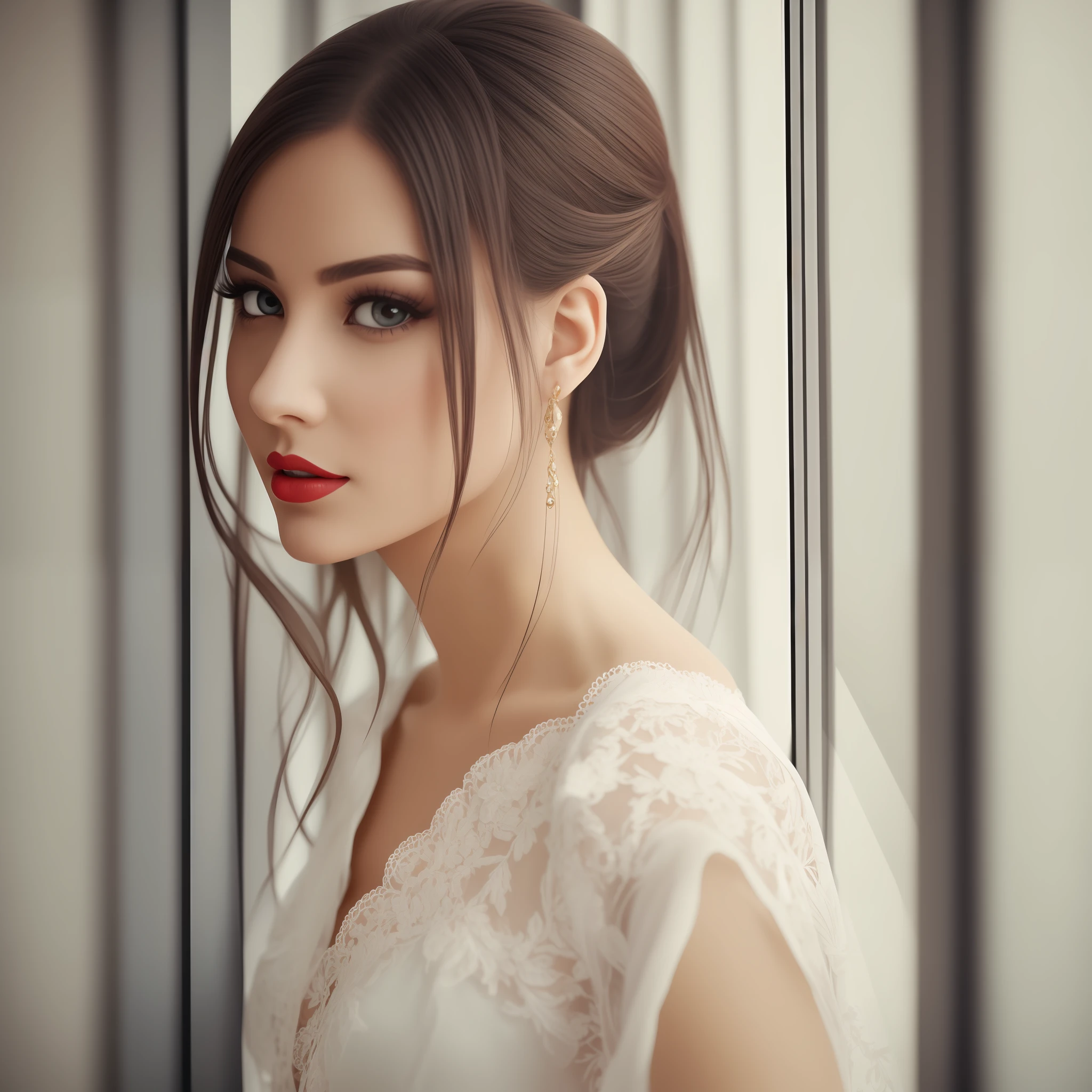 Beutiful women，large dark eyes，Extremely charming，A glance can make people want to burn，standing in the room，in blouse wearing，Barefoot like a fairy，Long legs are exposed，White skin，lipsticks，The cheeks are slightly red，It gives a very shy feeling，It's like first love，Stand by the window，super detailing，Epic composition，hyper HD，high qulity，extremely detaile，offcial art，Unity8k wallpapers，super detailing，
32k - v 6 --auto
