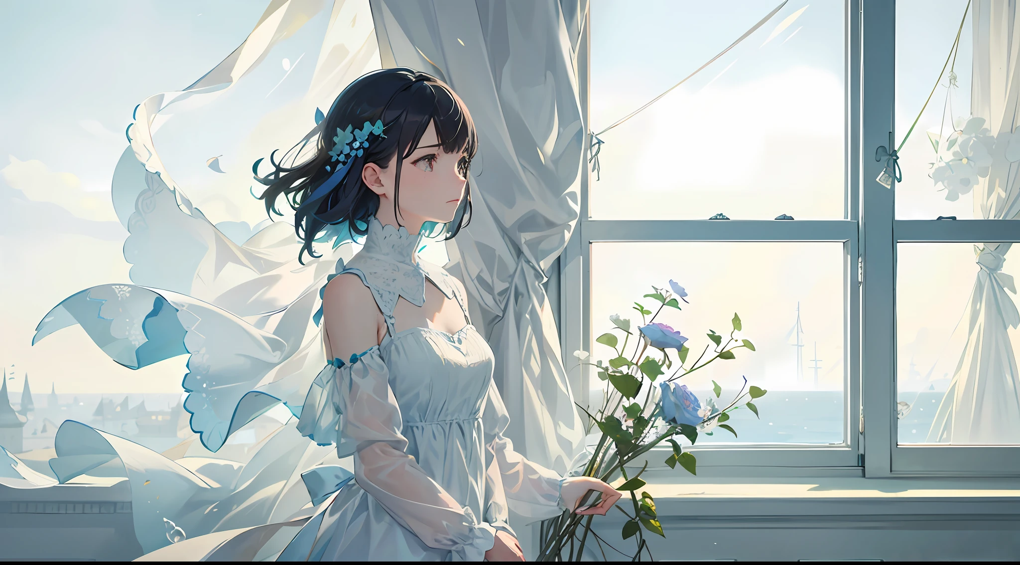 Stationary flowers bloom, The sky is depressing, Stand on the windowsill, Tears burst into tears, Outside the window, kite, Sky and sea, sad, Romanticism, cinematic lighting, vignetting, UHD, masterpiece, anatomically correct, textured skin, super detail, high details, high quality, best quality, 8k --auto