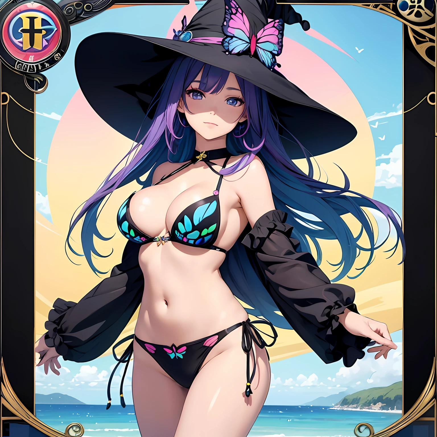 colorful butterfly,Girl,Bikini,Upper body,Witch hat,(Detailed face:1.2), (Medium breasts),(cleavage),(thigh band),Long hair,Asymmetrical bangs,Tarot border,The portrait is centered,(without weapons),(bouncing breasts), --auto