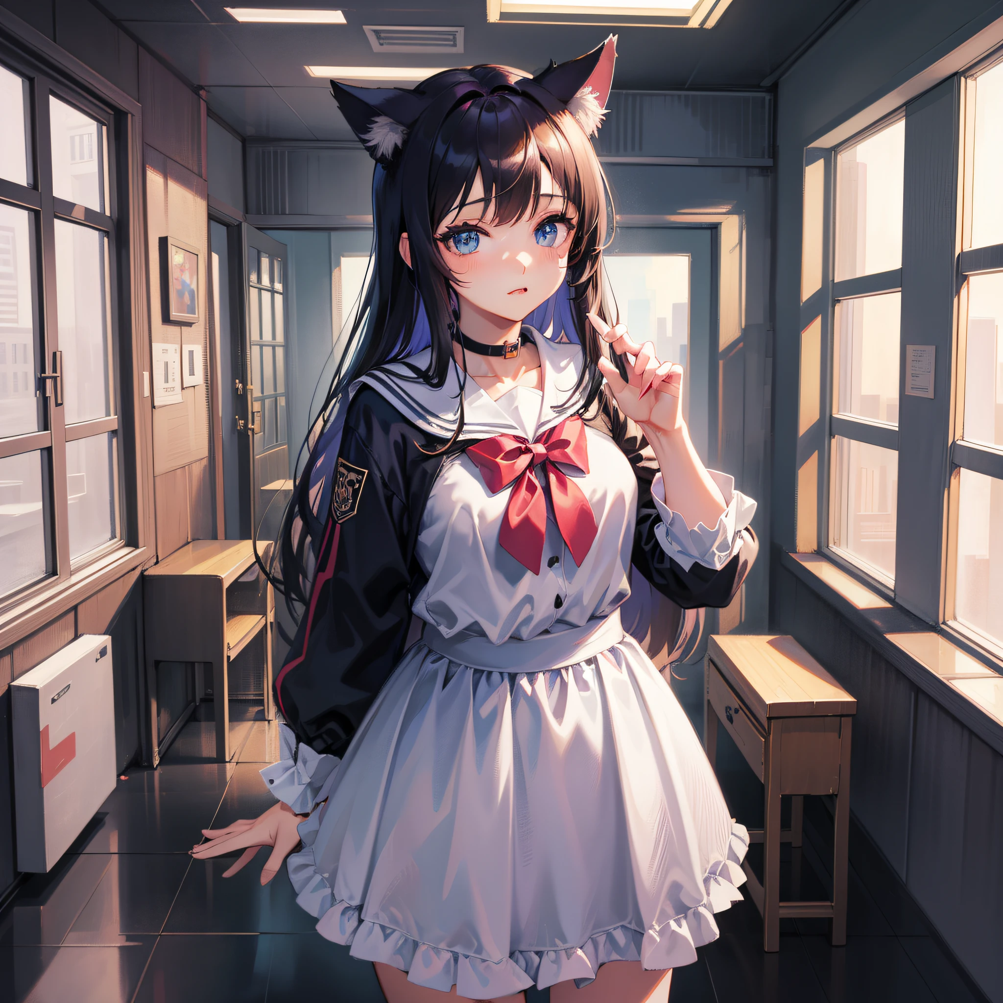 Anime girl posing for a photo with room in school uniform, seductive anime girls, Anime moe art style, [ 4 K digital art ]!!, Very beautiful anime cat girl, Anime! 4 k'', Anime! 4K, beautiful anime catgirl, cute anime catgirl, an oppai cyberpunk, small curvaceous loli, oppai, anime girl with cat ears