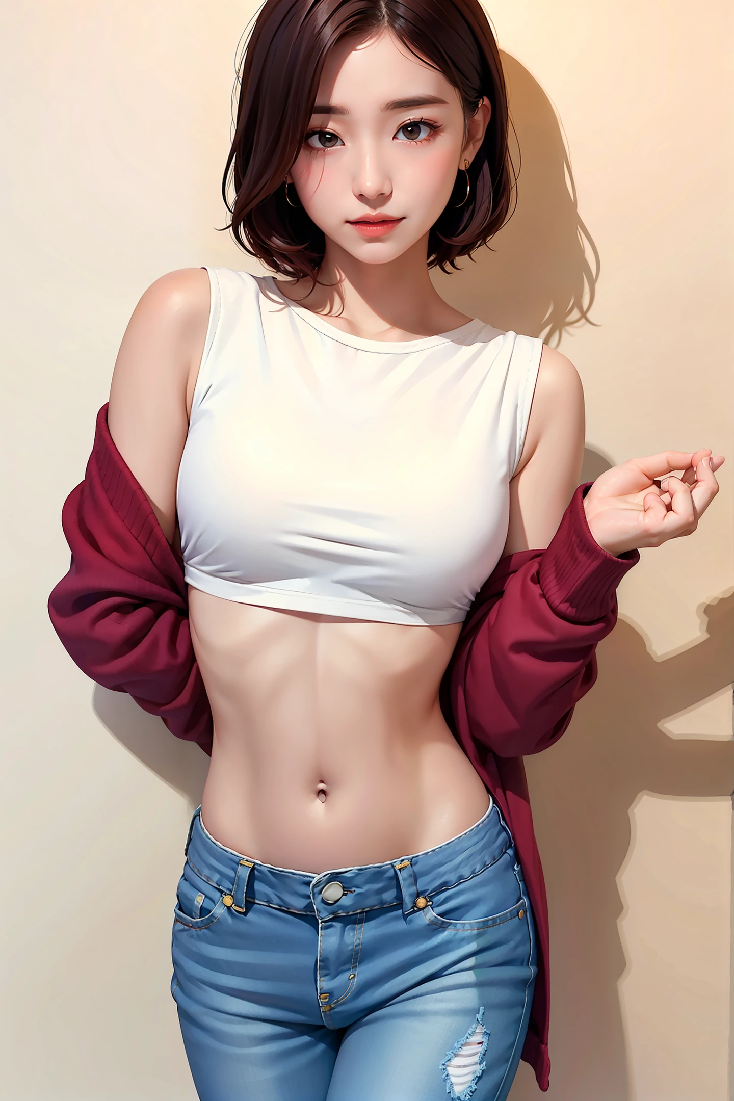 Chest-length crop top,One hand crosses the waist,A hand pokes himself in the navel,Extra-short jeans