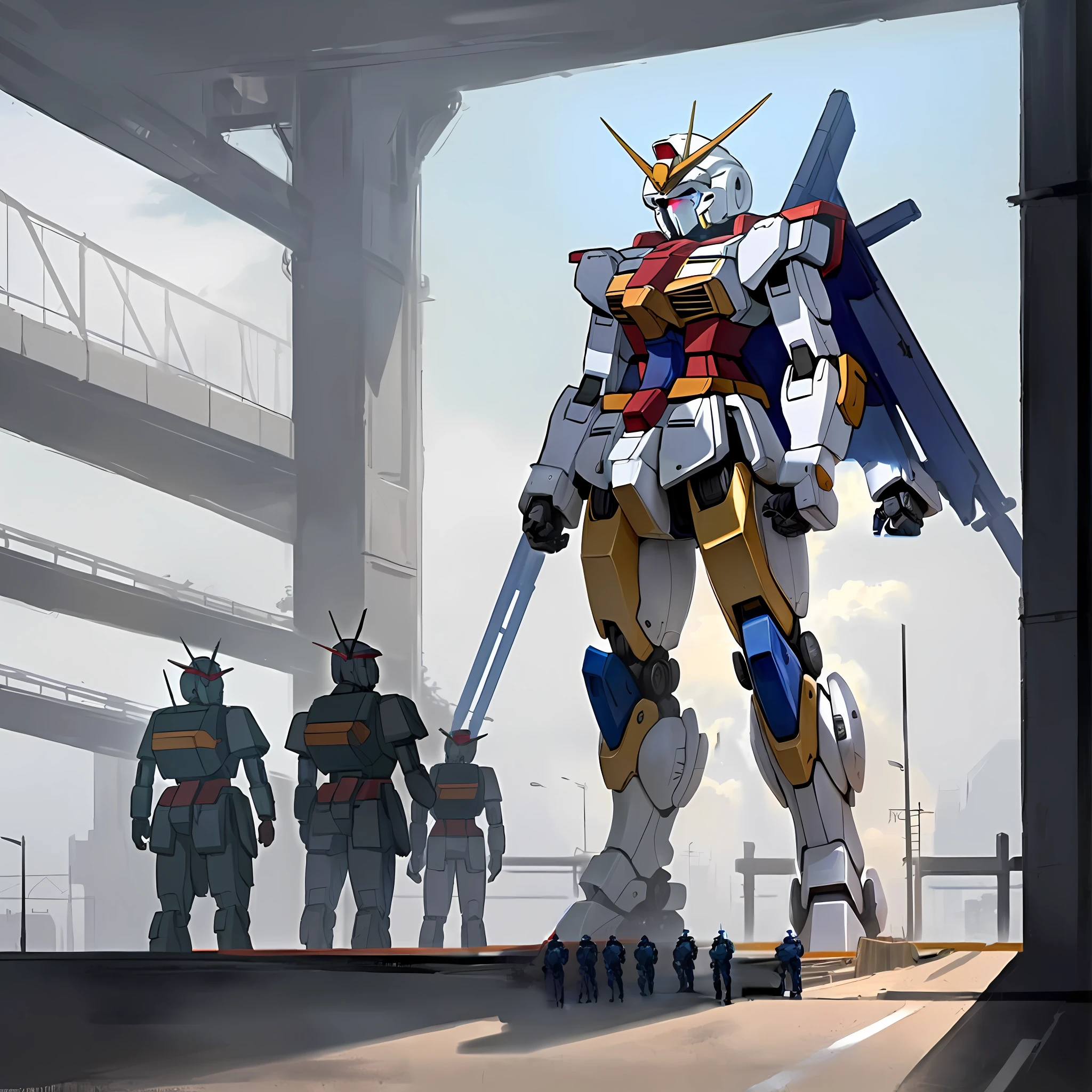 Anime characters line up in front of the bridge, gundam style, modern mecha anime, Gundam Robot, Mobile Suit Gundam, gundam, gundam is windmill shaped, Mobile Suit, on a gundam, inspired by Krenz Cushart, anime large mecha robot, cool mecha style, by Krenz Cushart, Mecha Inspiration, mecha anime，Super abrasion，Gray world，