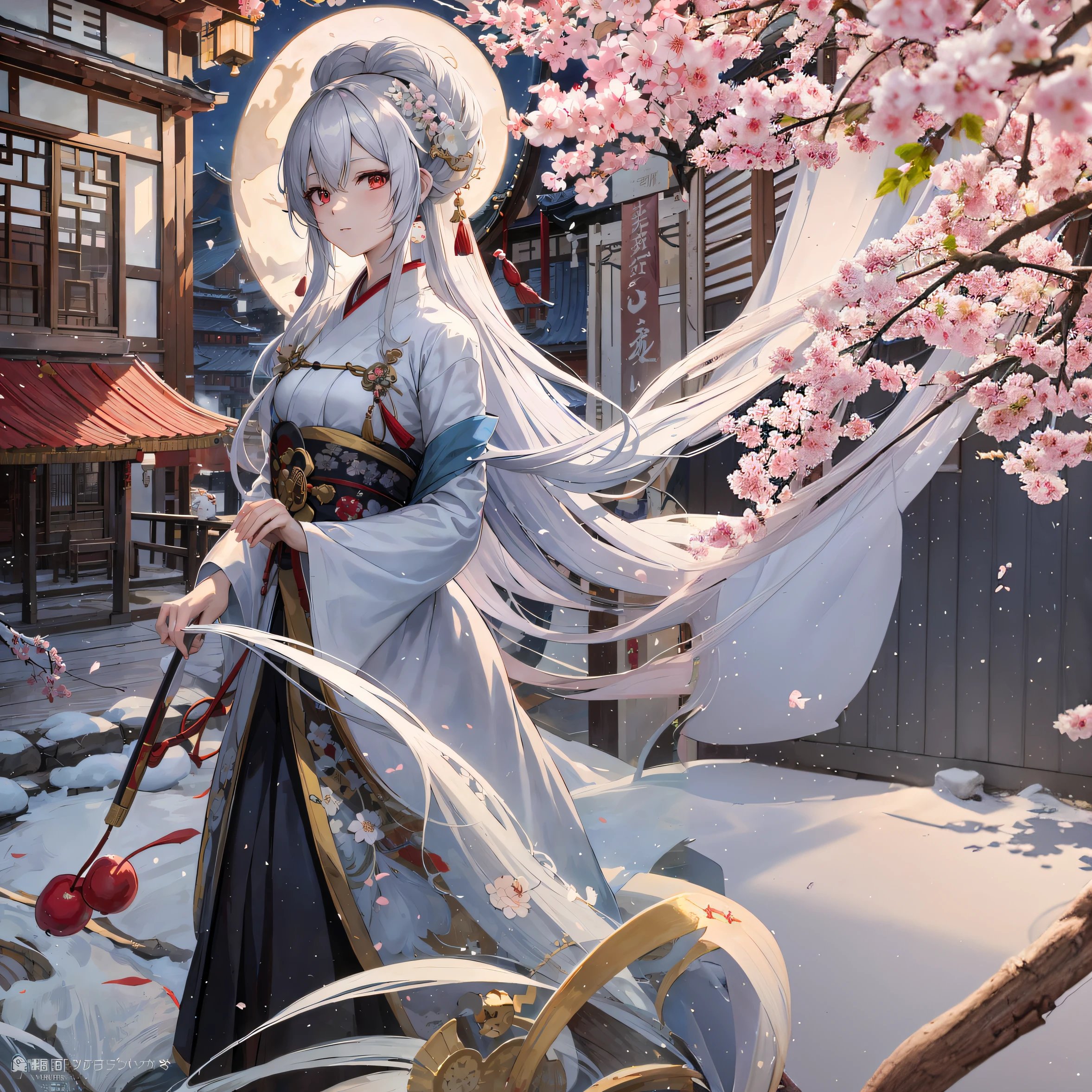 A cherry blossom tree with falling petals。