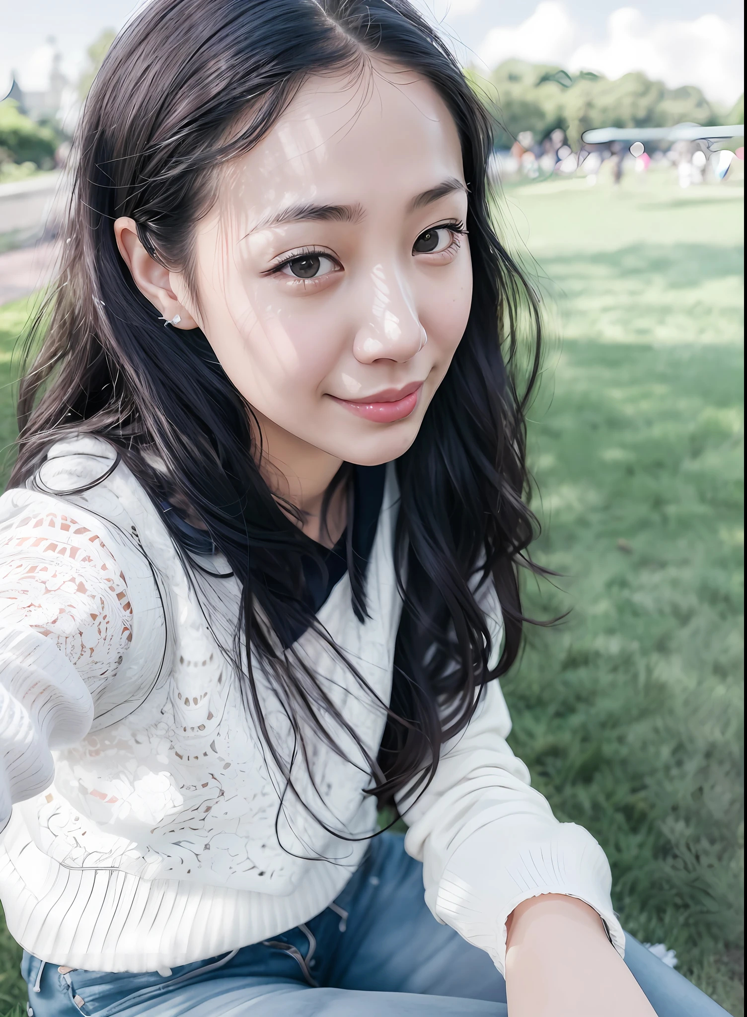 Young girl sitting on grass, 8k selfie photograph, selfie of a young woman, with blue sky and white clouds, A young Asian woman, at park, park in background, photo taken with canon 5d, Background bokeh, ssmile，curlies，denim pant