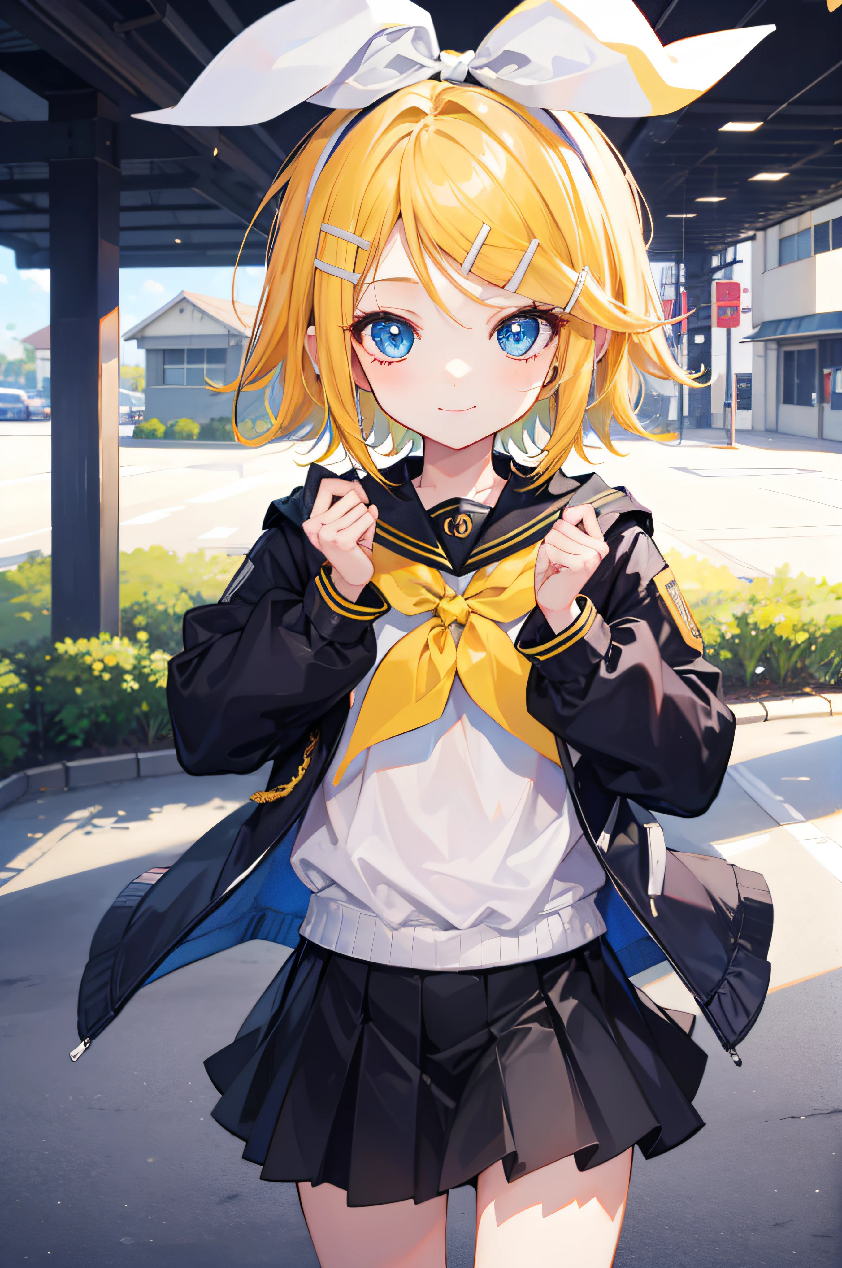 best quality, ultra precision, one girl, (Rin_Kagamine), blond hair, cute, smiles, short hair,  high school student, blue eyes