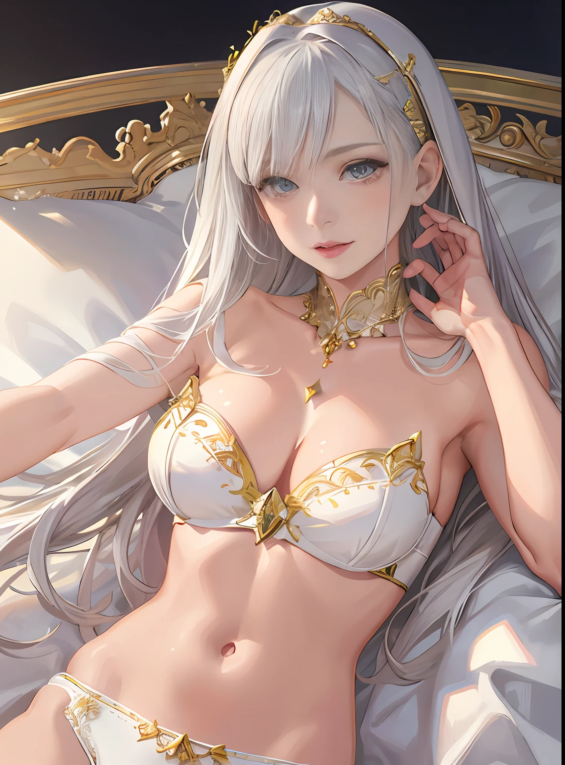 Cute white-haired girl，very Bigger breasts，Lie down in bed，nakeness