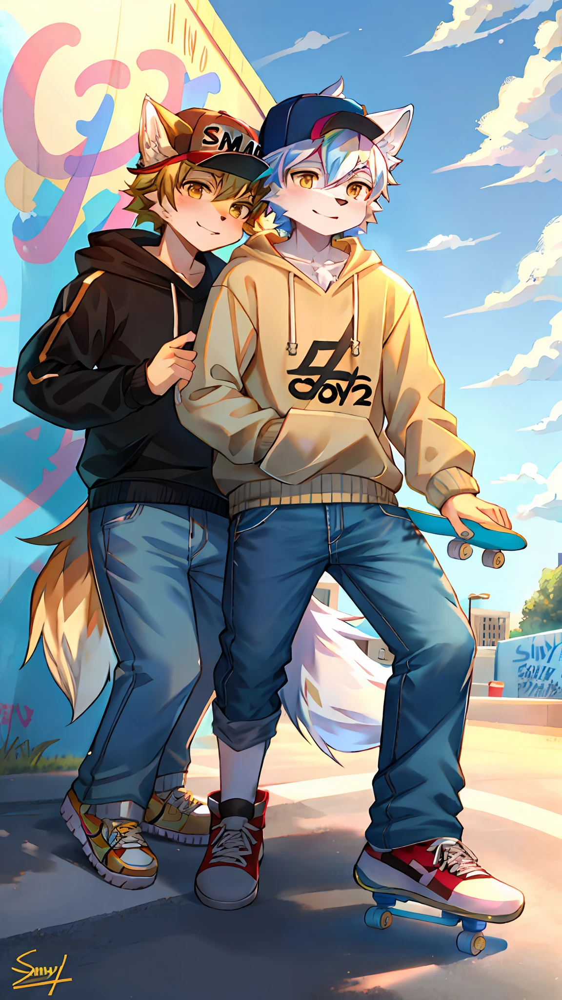 White wolf，Handsome model，独奏，Beige short-sleeved sweatshirt，denim pant，High-tops，Wearing a baseball cap，Step on the skateboard，Grabbed by the hair，outside，Sunnyday，There are colorful graffiti on the skateboard