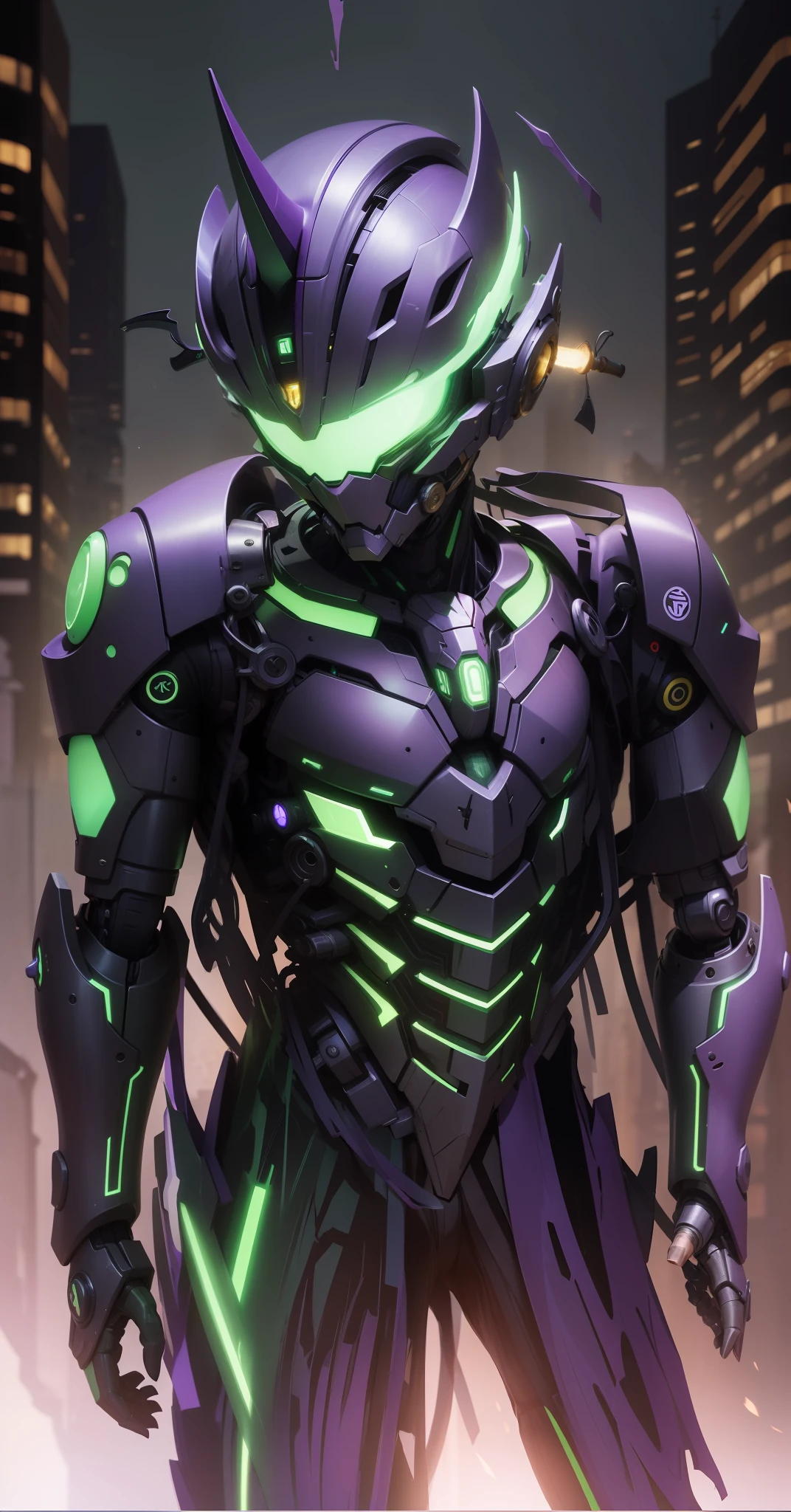 On the head grows a mechanical horn staggered with purple and green，Highest quality，hyper-detailing