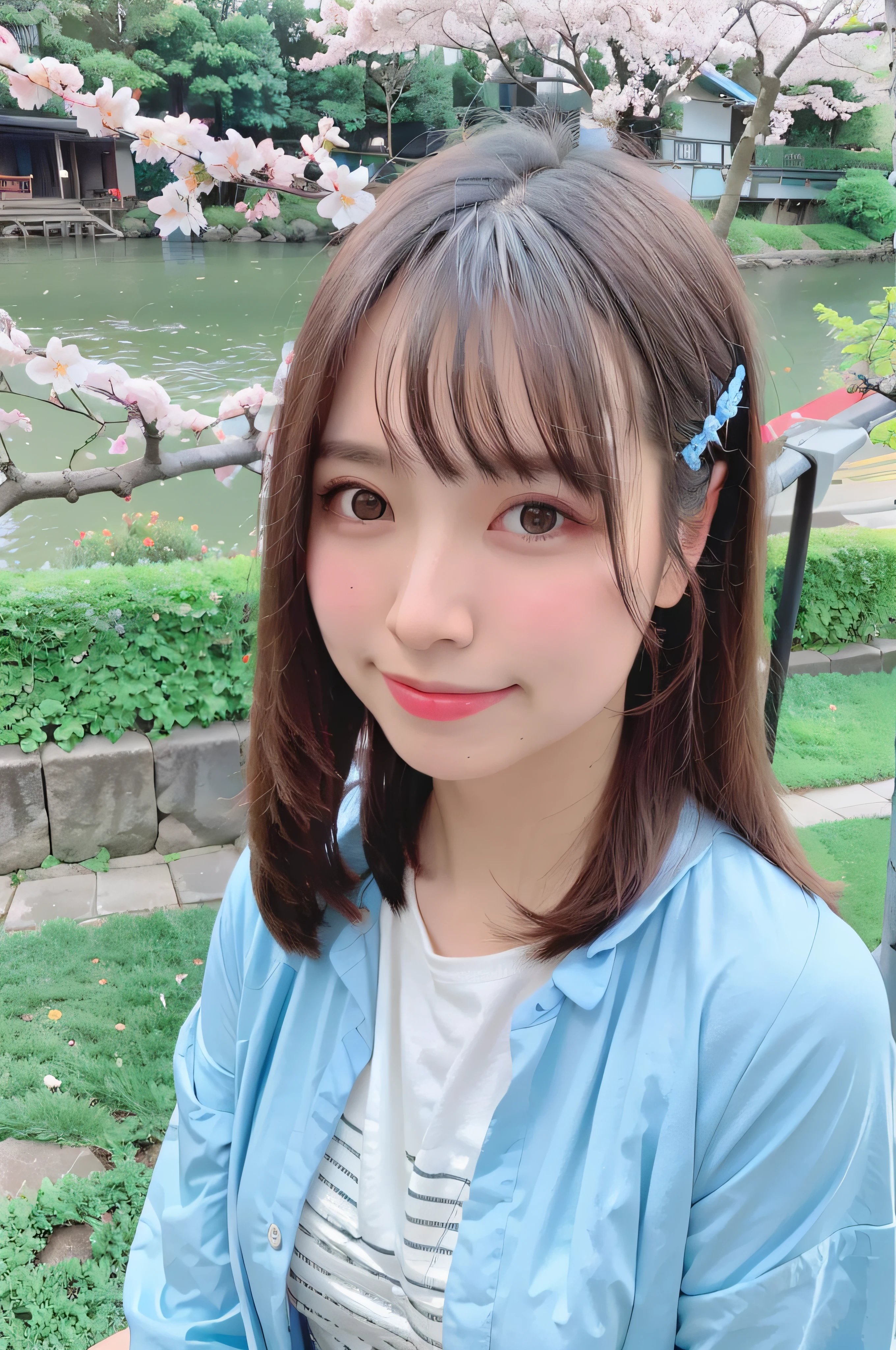 best quality, ultra high res, (photorealistic:1.4),blush,cute,(detailed face),light smile, 
looking at viewer,
upper body, japanese clothes, 
sunny,river,(cherry blossoms),blue sky,