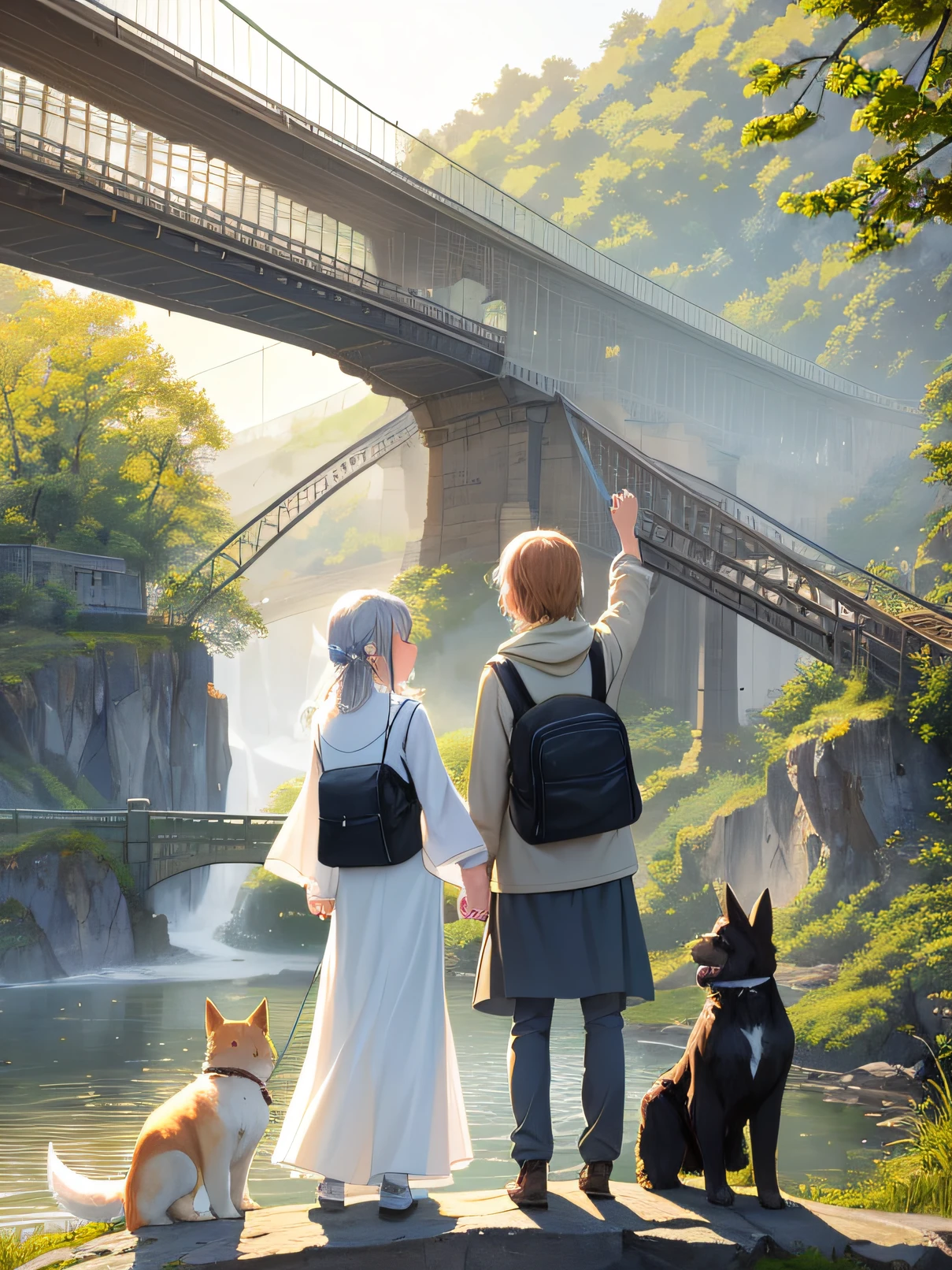 Two on a leash of dogs, Stand on a quaint suspension bridge, The river is rippling, Light mist like yarn, Long-range lens, Peaceful and warm, Dazzling sunlight shines on the suspension bridge, The picture was recorded in 2020, Natural closeness, The sense of tranquility is overflowing。