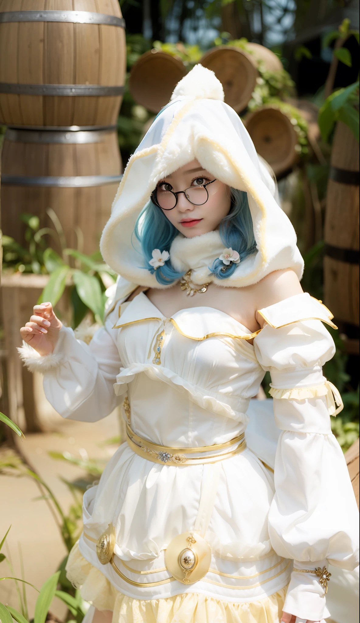 1girl, Fantasy, Beautiful jungle backround, Blue color eyes, Beauty face, Blue sky hair color, Braid hair style, Use spectacles, White Outfit, Realistic, Ultra detail, 70mm lens