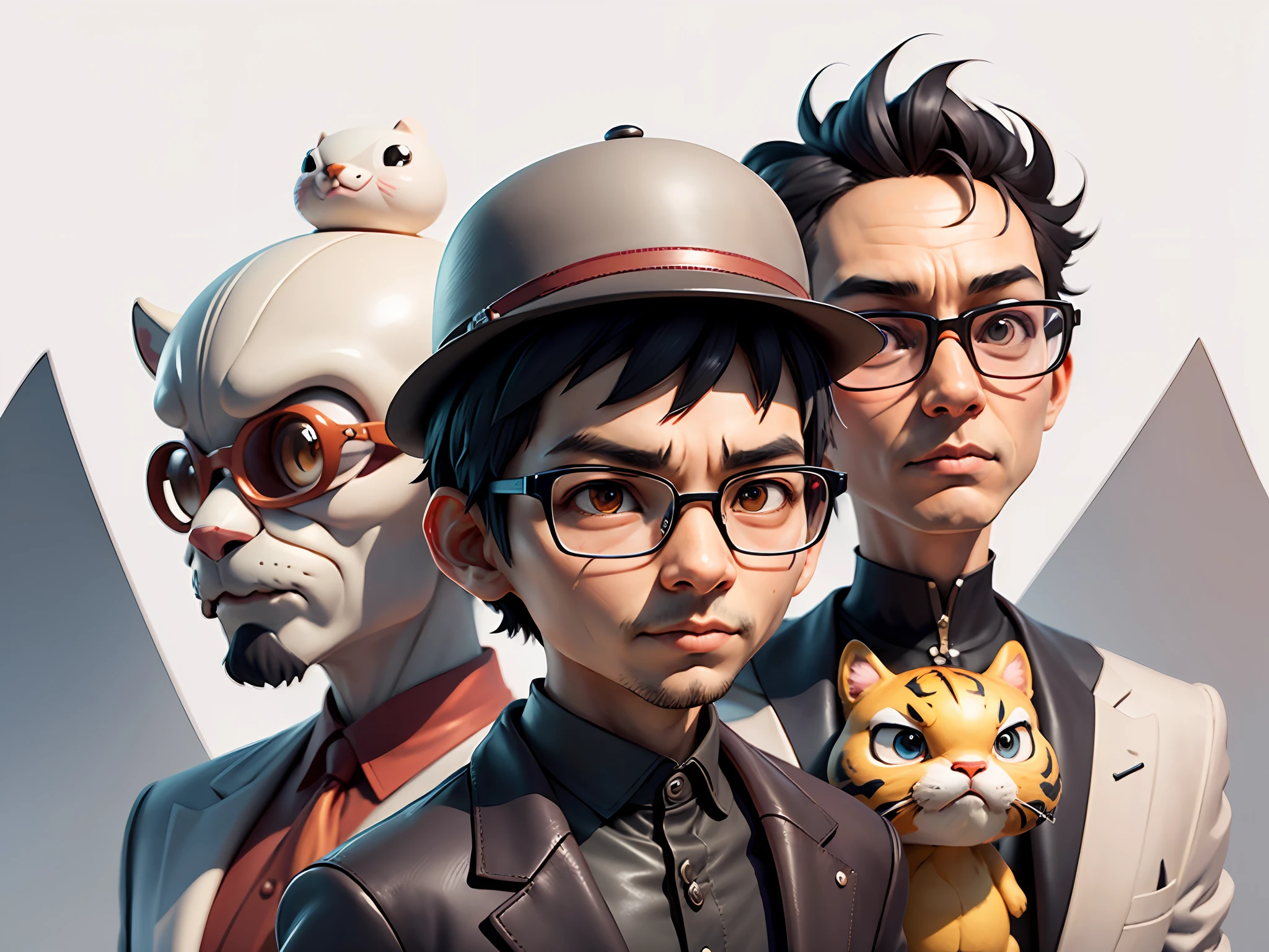 Young man with oriental face in leather hat, tiger, oriental face in formal suit, short black hair, silver glasses, digital painting, 3D character design by Mark Clairedon and Pixar and Hayao Miyazaki and Akira Toriyama, the illustration is a high-definition illustration in 4K resolution with very detailed facial features and cartoon-style visuals.