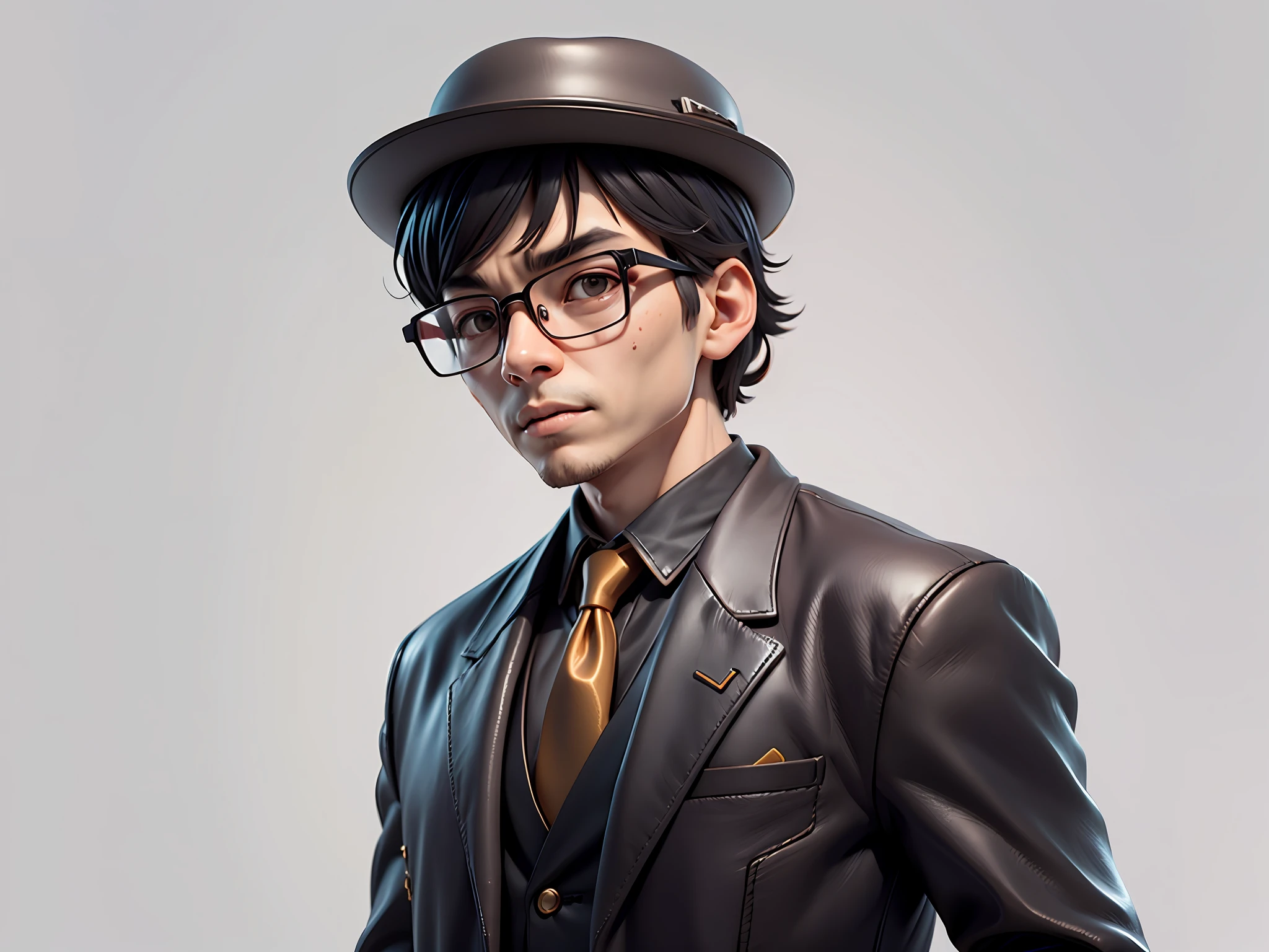 Young man with oriental face in leather hat, tiger, oriental face in formal suit, short black hair, silver glasses, digital painting, 3D character design by Mark Clairedon and Pixar and Hayao Miyazaki and Akira Toriyama, the illustration is a high-definition illustration in 4K resolution with very detailed facial features and cartoon-style visuals.