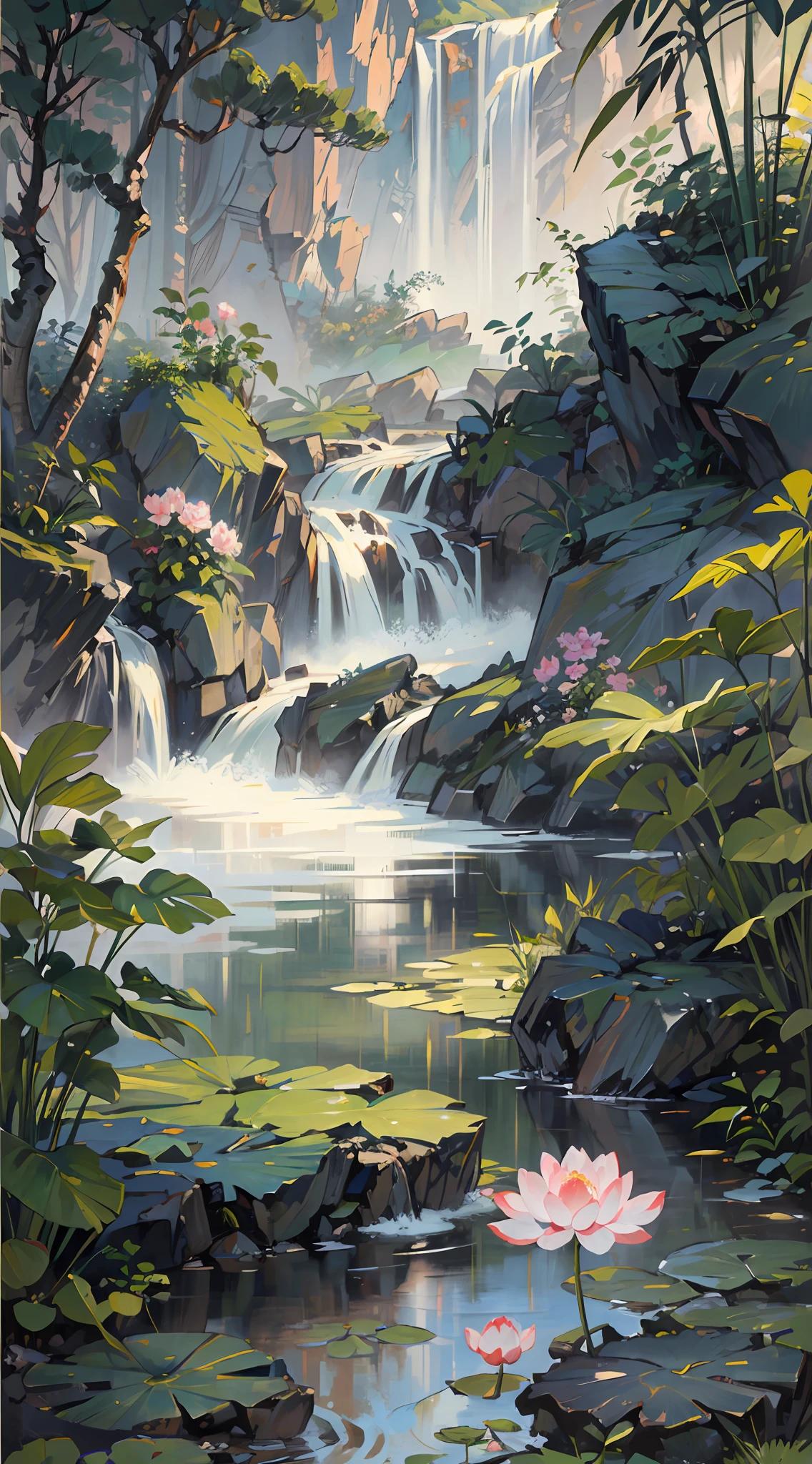 ((Best quality, masterpiece: 1.2)), CG, 8K, intricate details, cinematic perspective, (no one around), (Ancient Chinese garden), pond filled with lotus flowers, rocks, flowers, bamboo forests, waterfalls, wooded areas, small bridges spanning babbling streams, detailed foliage and flowers, (sunlight shining, sparkling waves), peaceful and serene atmosphere, ((soft and elegant colors)), ((exquisitely crafted composition))