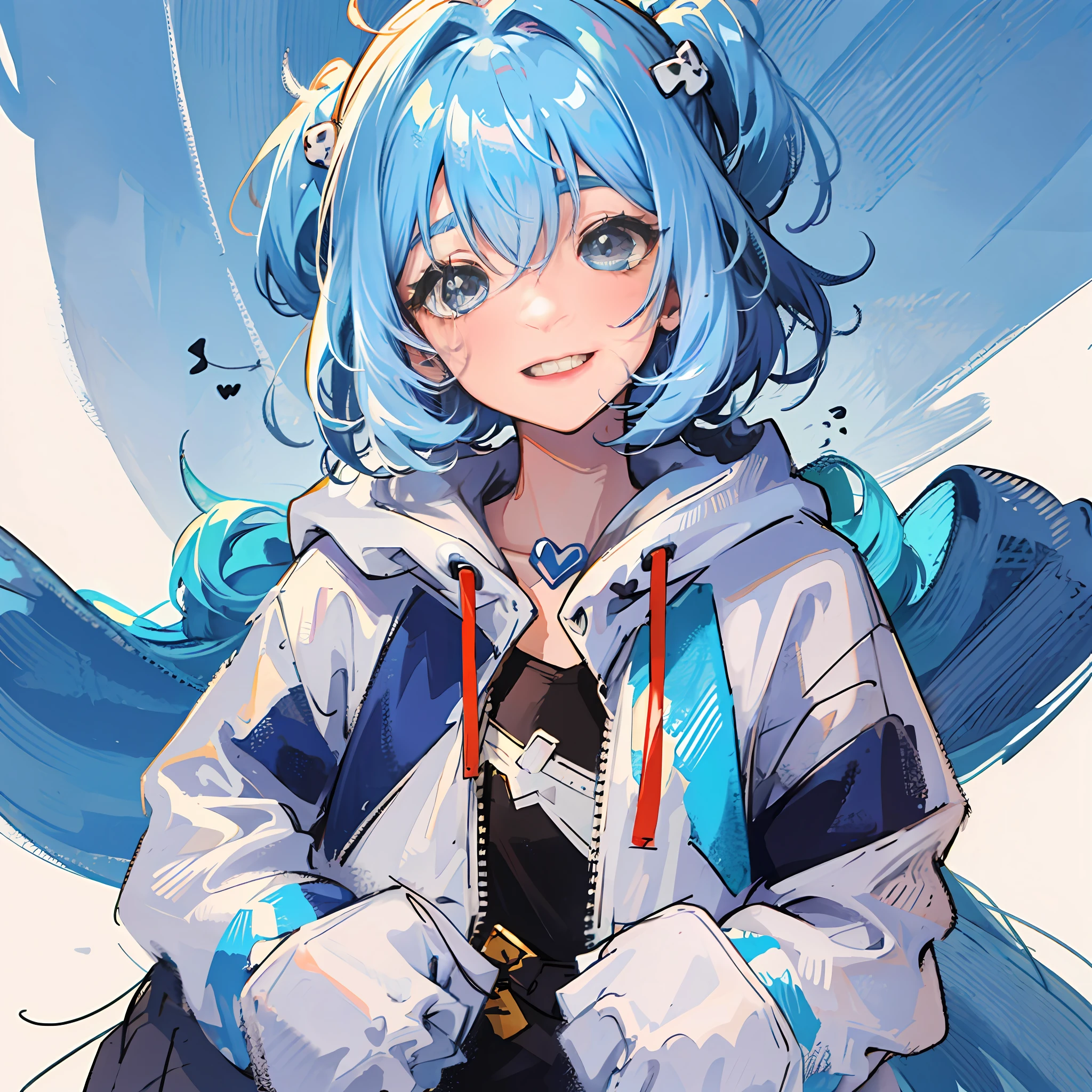 Squinting and smiling adorably face Adorable cute fluffy cute colorful chibi girl chibi solo blue hair bob hair blue eyes cute heart many hearts white oversized hoodie jacket loose fluffy white background