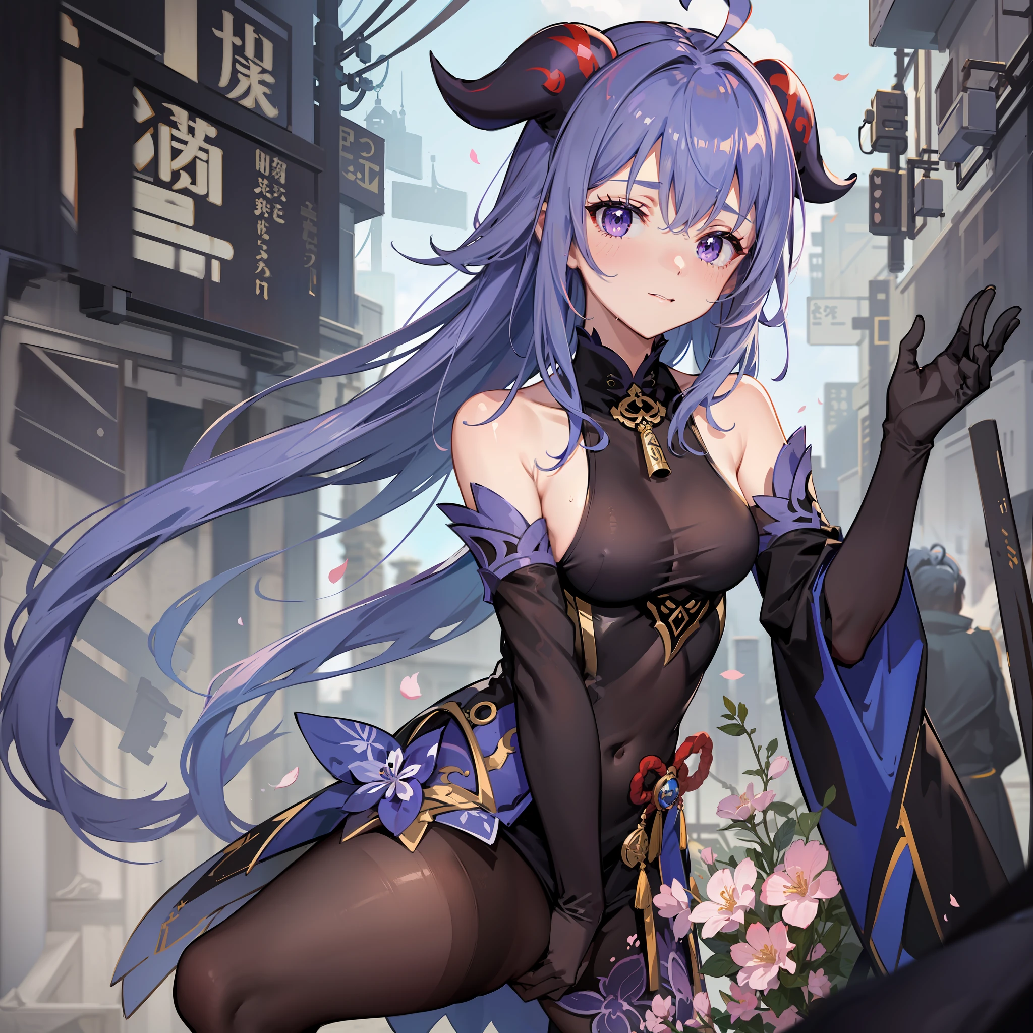 ganyu \(genshin impact\), 1girl, ahoge, architecture, bangs, bare shoulders, bell, black gloves, black pantyhose, ((blue hair)), blush, breasts, chinese knot, detached sleeves, east asian architecture, flower knot, gloves, horns, long hair, looking at viewer, medium breasts, neck bell, night, outdoors, pantyhose, purple eyes, sidelocks, solo, tassel, white sleeves, ((masterpiece)),wet bare